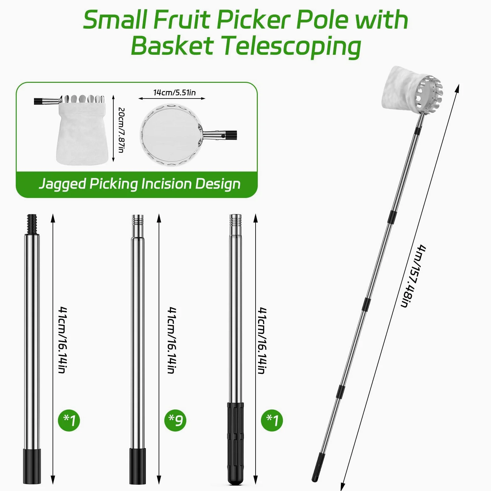 BURMONG Outil de cueillette de fruits de 4 m avec poteau en acier inoxydable et panier souple – Récolteuse de fruits réglable pour pomme, mangue, avocat, orange, poire, citron et plus encore – Léger