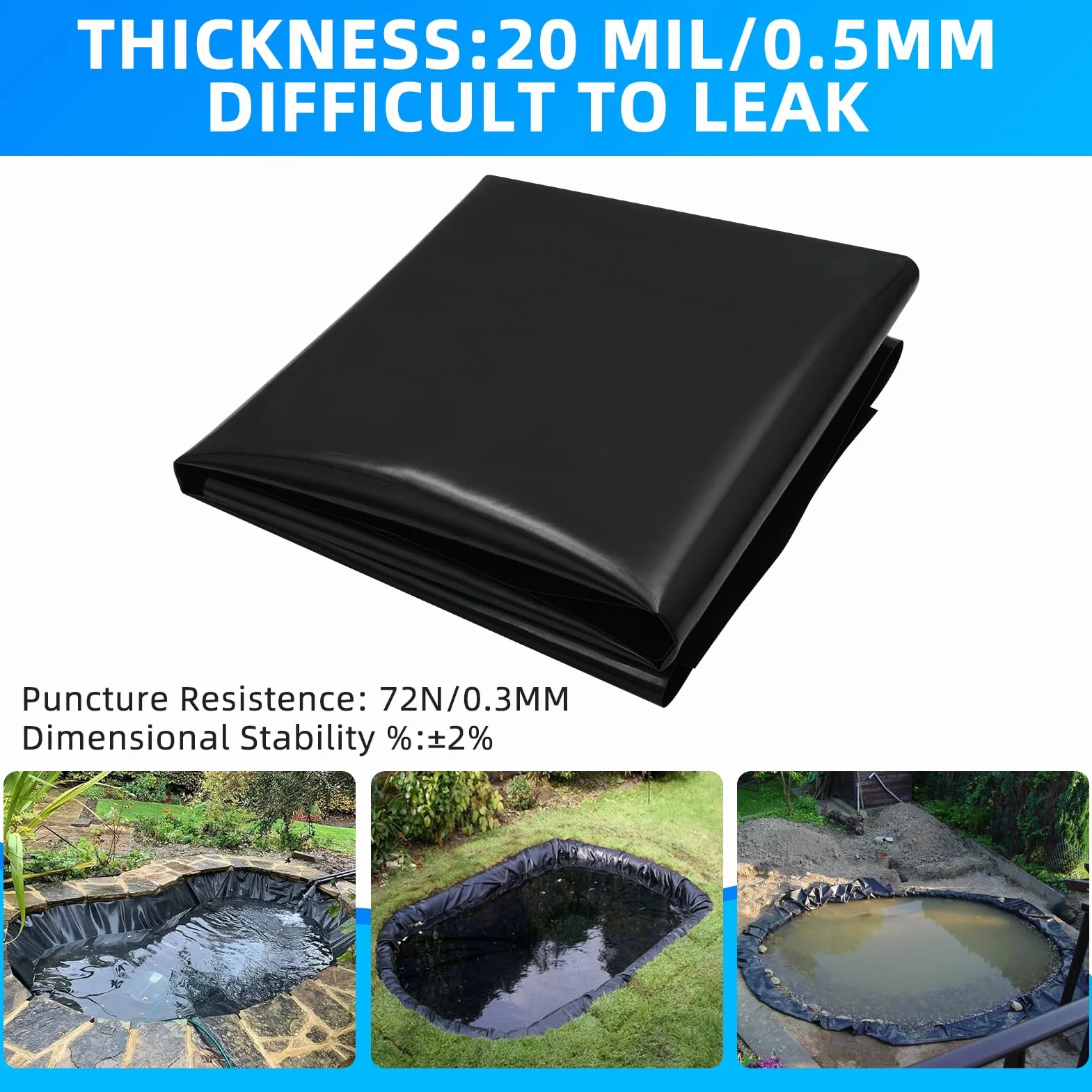 Bâche de Bassin en PVC de qualité supérieure 6x8M, Noire, en PEHD, très résistante, Film d'étanchéité pour Bassin de baignade, bassins à Poissons, fontaines, Jardins Aquatiques et Cascades