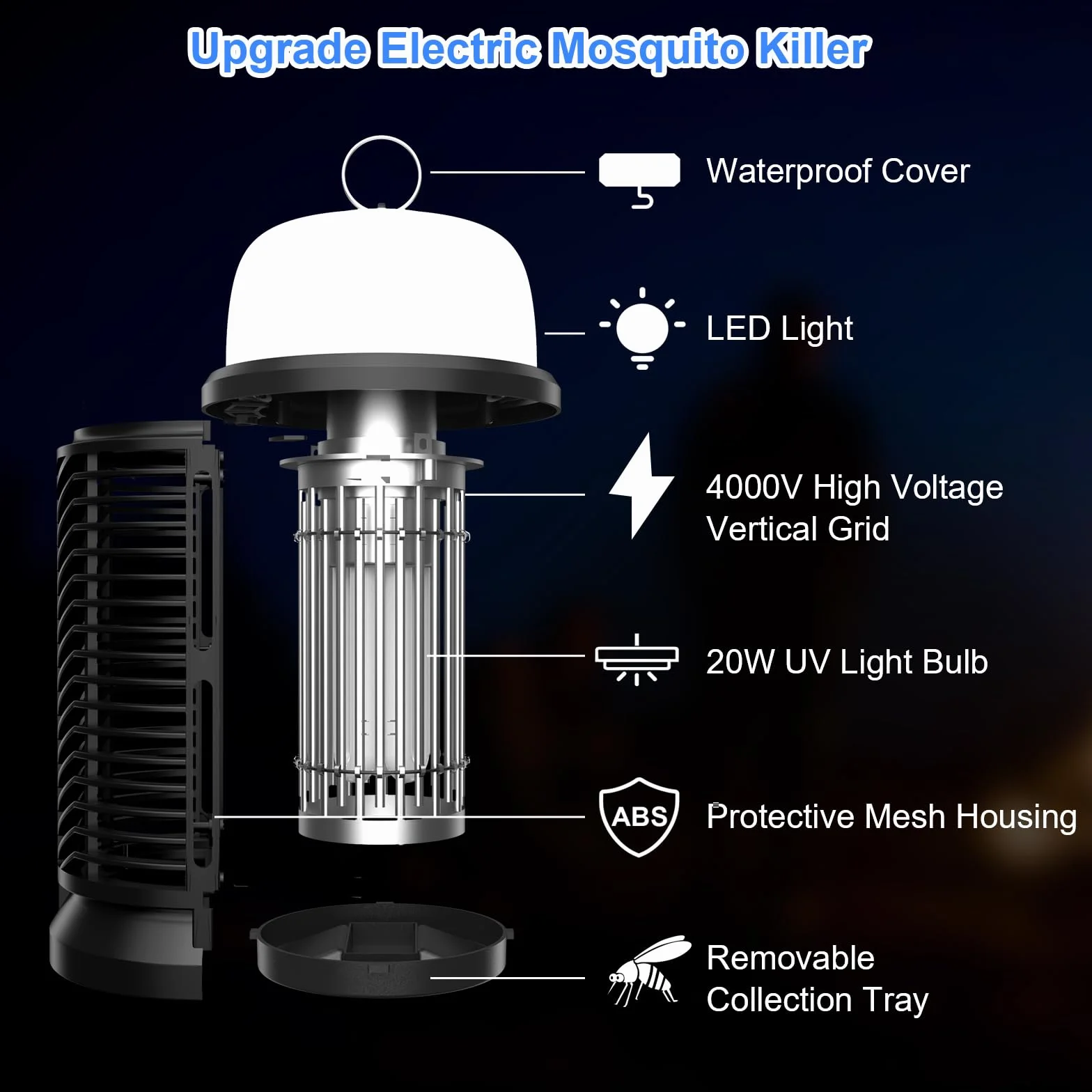 Qoosea Bug Zapper Électrique Tueur de Moustiques 20W Lumière UV Piège à Insectes Intérieur Extérieur
