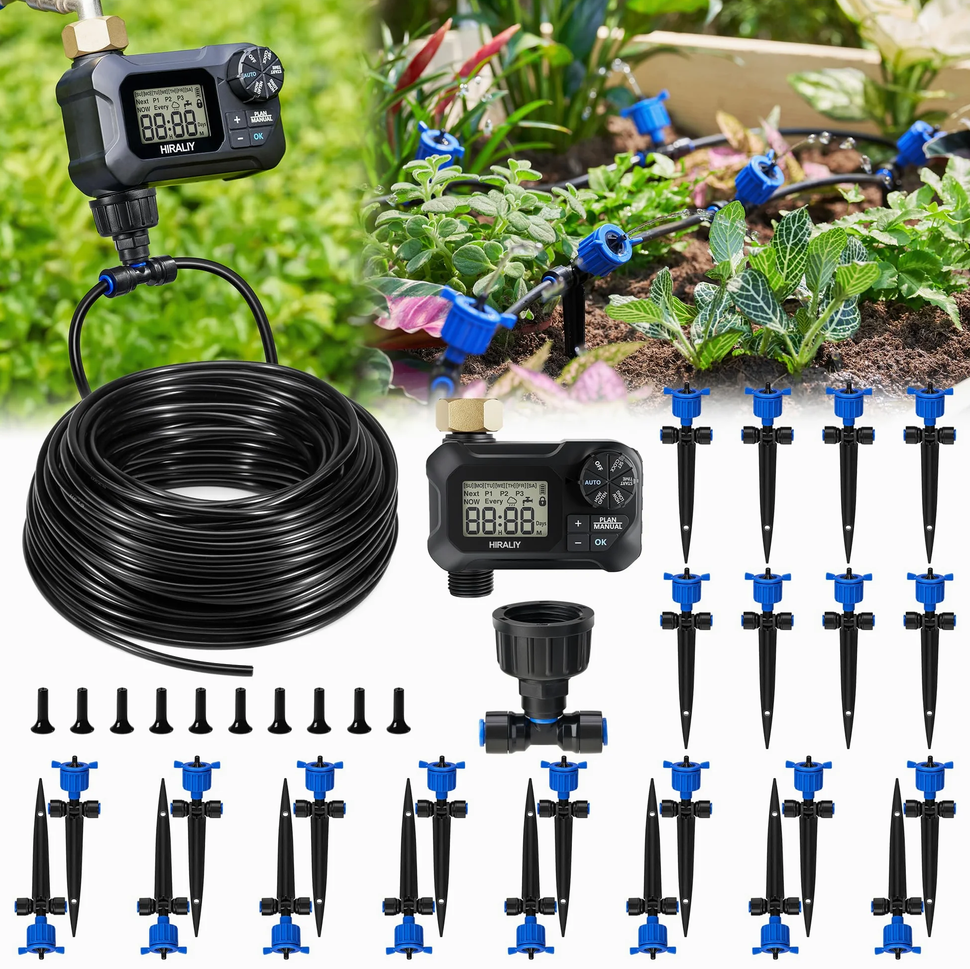 HIRALIY Système d'irrigation compensateur de pression avec minuterie de jardin, nouveau système d'arrosage de jardin à connecteur rapide, kit d'irrigation pour plantes, arrosage régulier par minuterie