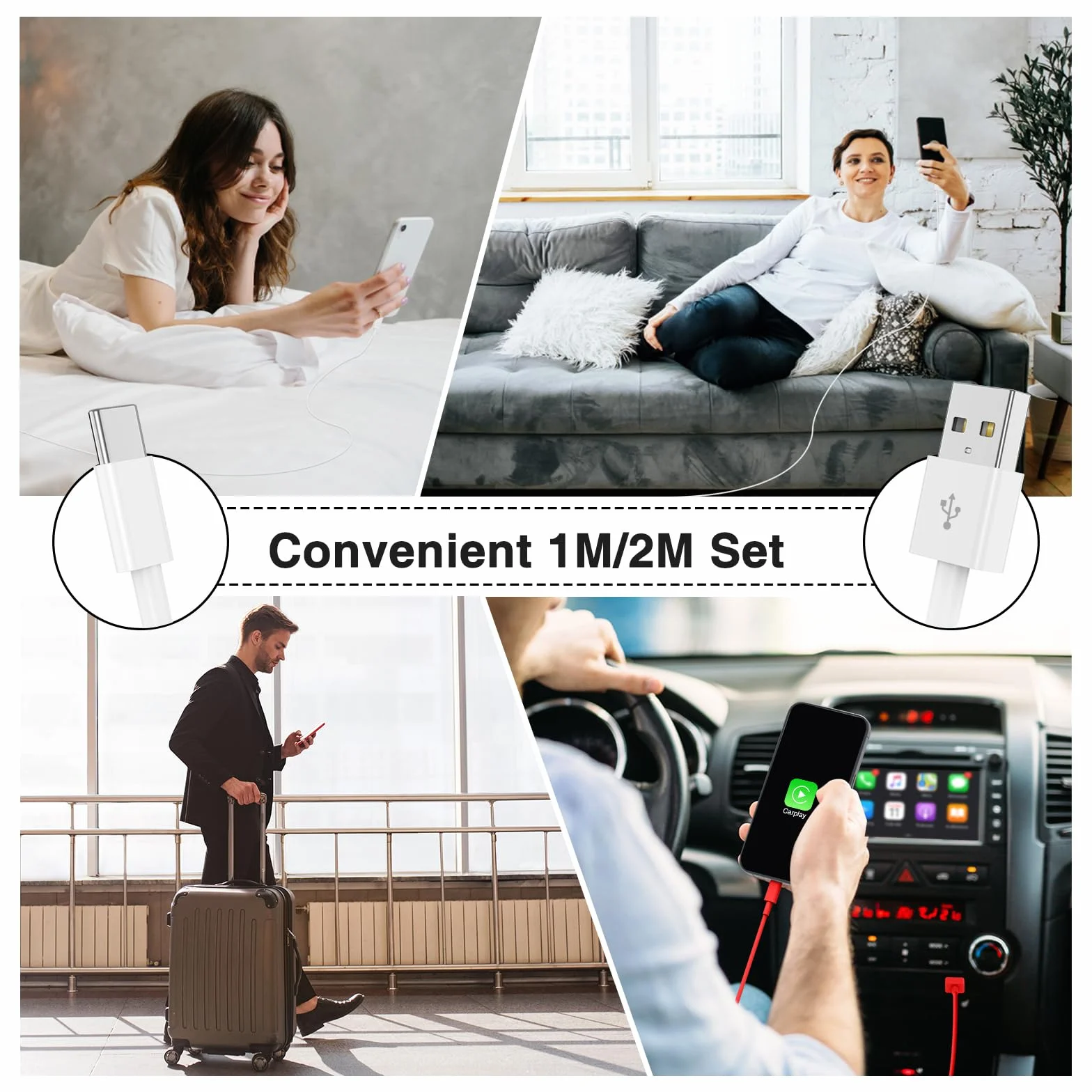 Câble USB Carplay USB A vers USB C 1M+2M Charge Rapide pour iPhone 17/16/15 Pro Max Samsung S25 iPad Pro