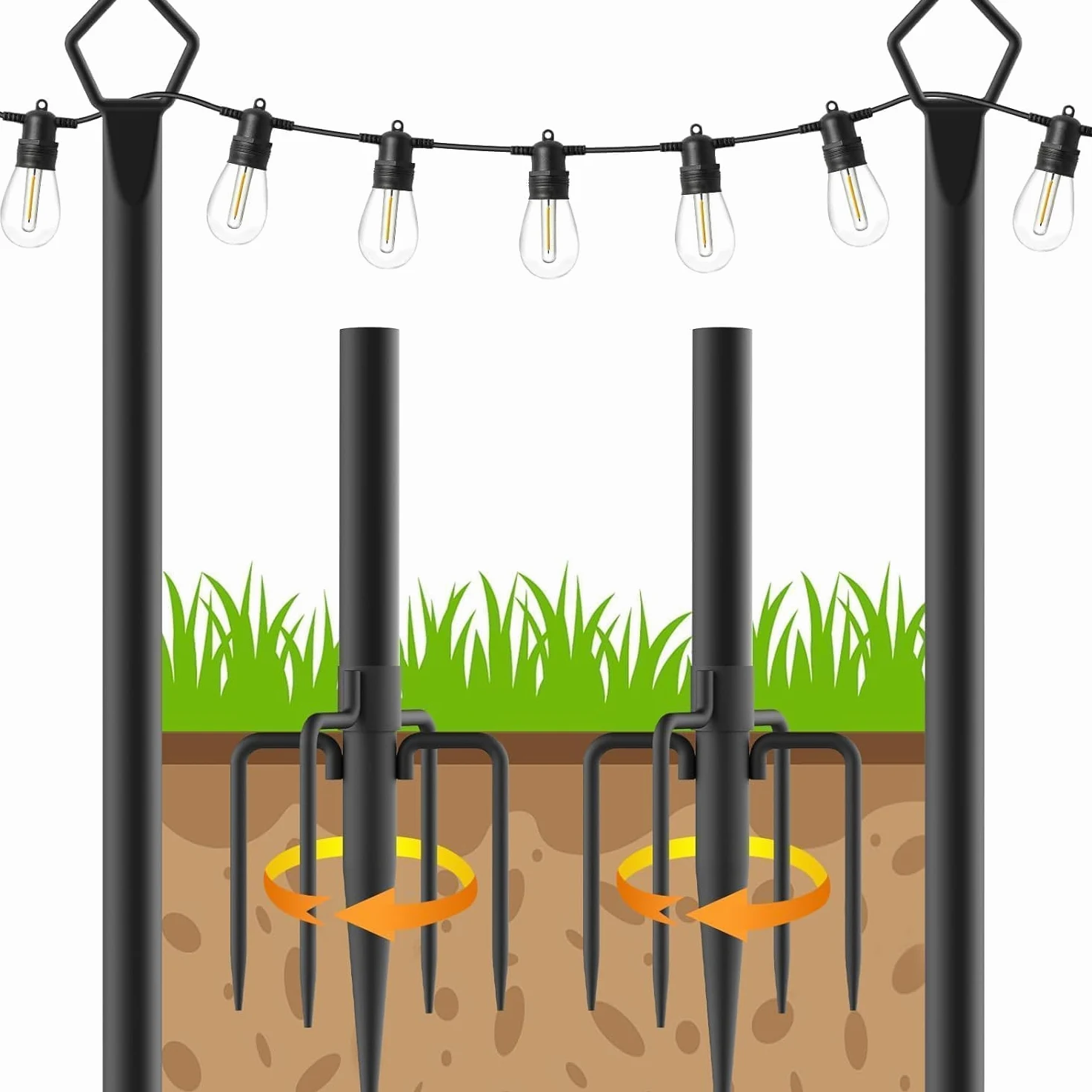 HoldOneLight Poteau pour guirlande lumineuse pour terrasse - Lot de 2 unités - 2,99 m en acier résistant - Support pour suspendre des lumières extérieures, jardin, cour, arrière, idéal pour fêtes