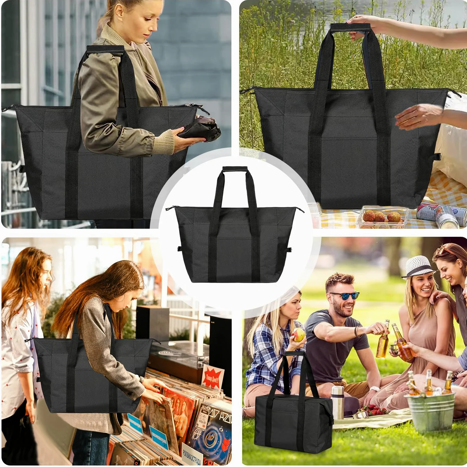 20L Sac Isotherme Course Pliable et Étanche, Grand Sac de Plage Isotherme avec Doublure Rigide, Portable Glaciere Souple Isotherme pour Repas Travail, Pique-nique, Lunch, Camping & BBQ - Noir