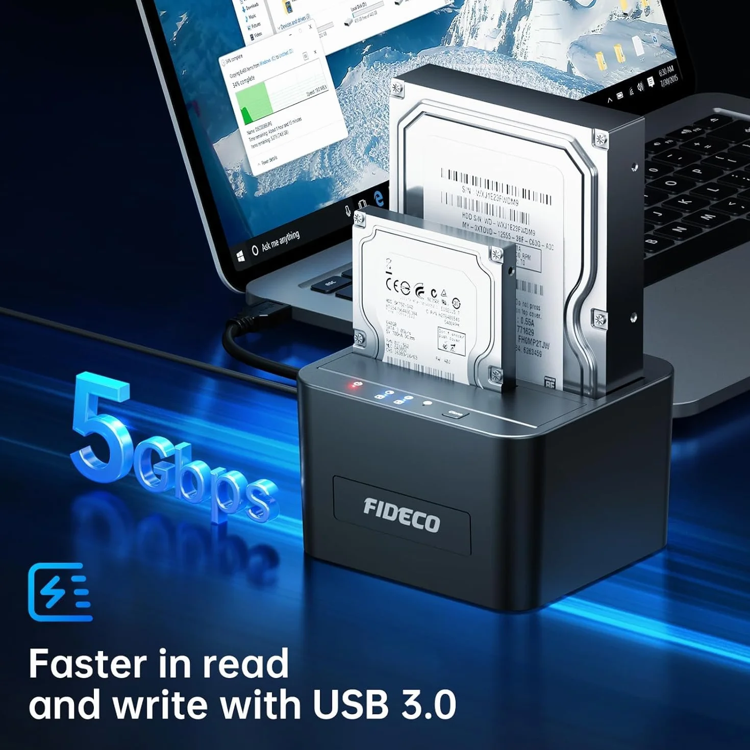 FIDECO Station d'accueil pour Disque Dur USB 3.0 Double Baie SATA HDD SSD 2.5 3.5 Pouces Clone Hors Ligne