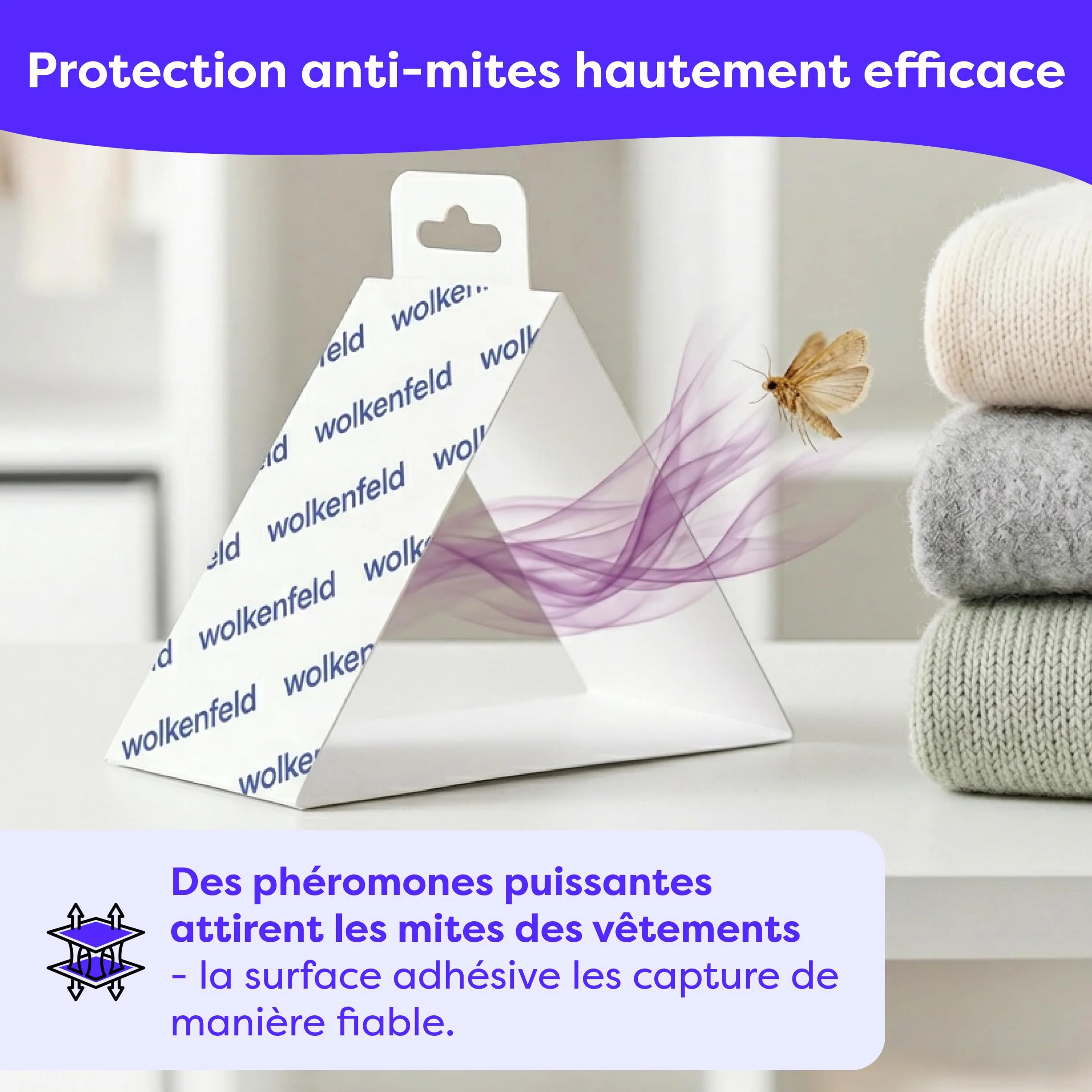 Wolkenfeld Anti Mites Textiles Piège à Mites Vêtements Adhésifs 8 Pièges Laine Cachemire 100% Naturel Fabriqué Allemagne