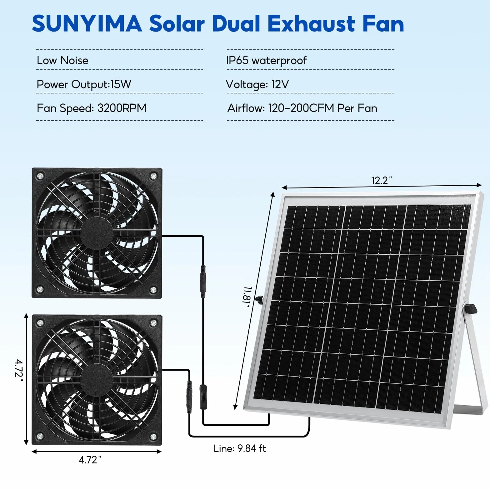 Ventilateur solaire étanche 15 W double ventilateur CC poulaillers serres hangars niches animaux