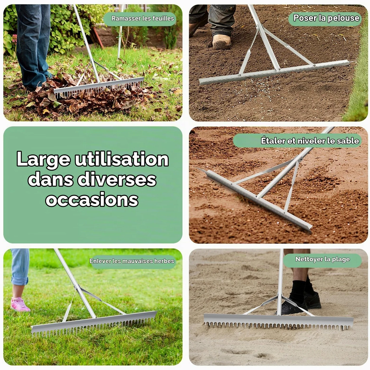 FANTASK Râteau de Jardin avec tête de râteau de 91 cm de Large et Long Manche, en Aluminium avec 36 Dents, râteau à Feuilles, râteau à Gazon pour ameublir Le Sol, Entretien du Paysage