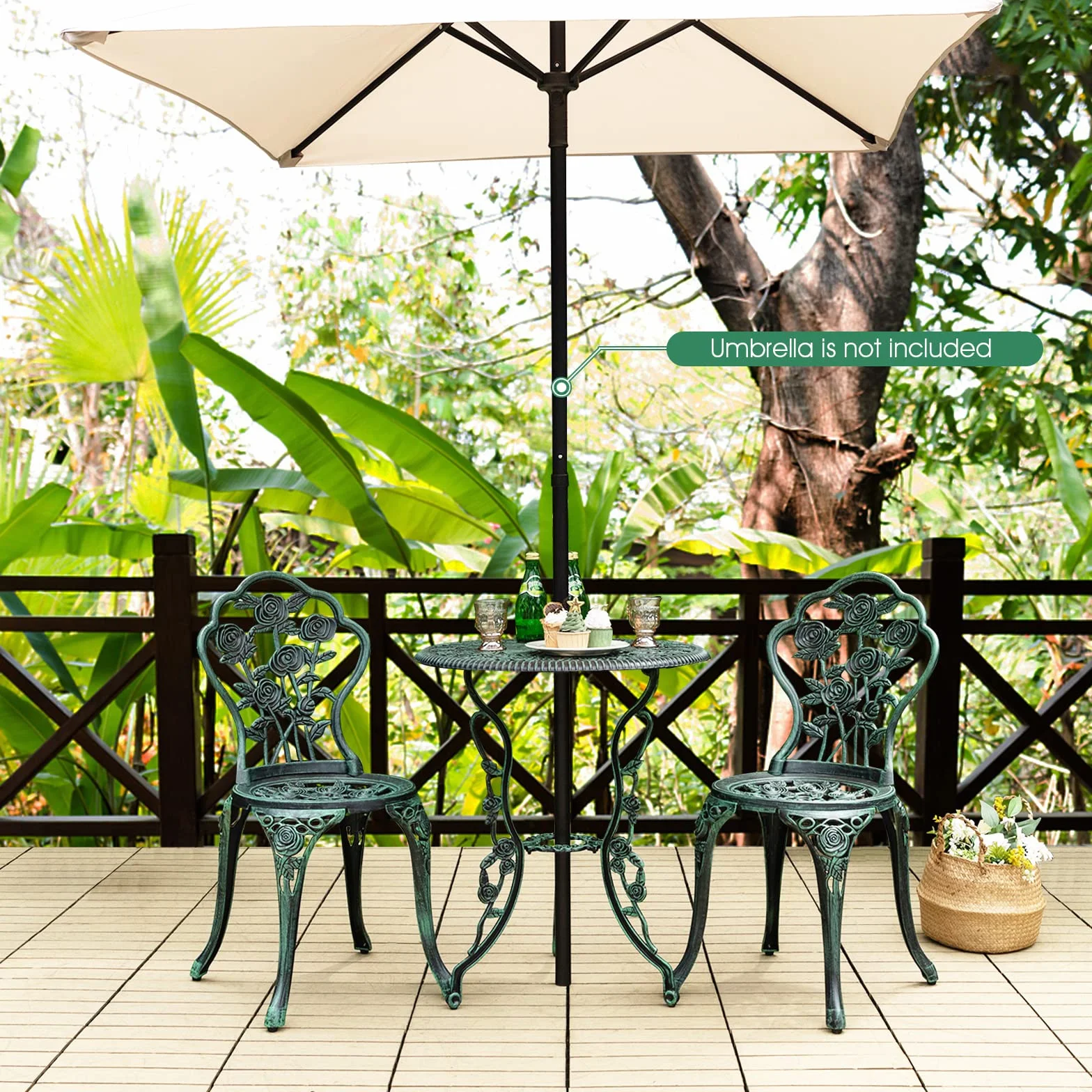 Salon de Jardin 2 Personnes Fonte Aluminium Table Extérieure avec 2 Chaises Trou Parasol Motif Rose Vert