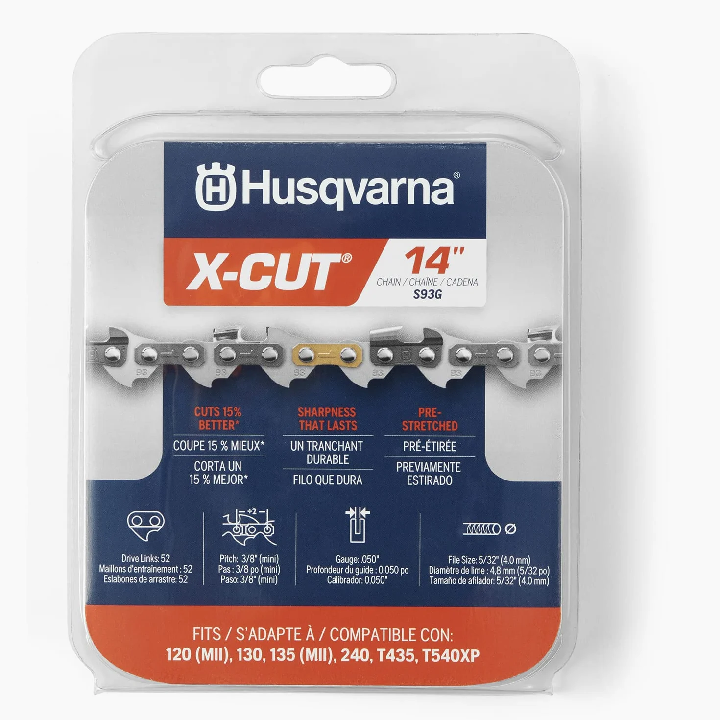 Husqvarna X-Cut S93G Chaîne de tronçonneuse de 35,6 cm, pas de 9,5 mm, calibre 1,27 cm, 52 maillons de rechange, pré-étirée et faible retour, gris