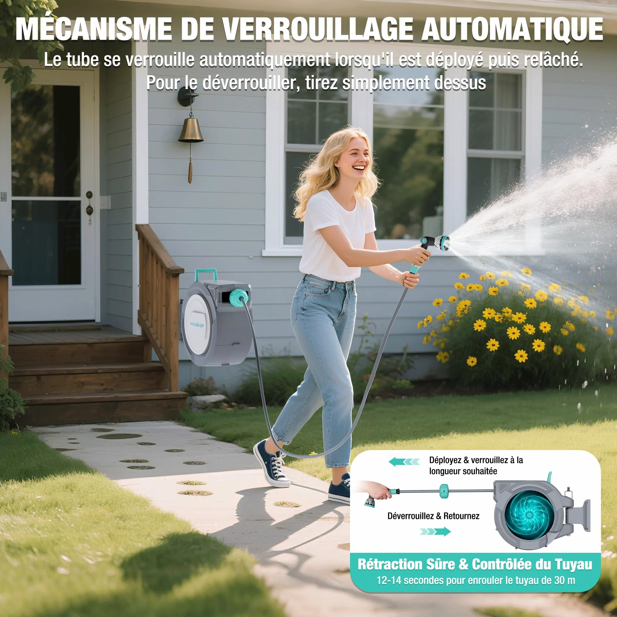 HAUSHOF Enrouleur de Tuyau d'Arrosage 30 m Mural Pivotant 180° | Enroulement Automatique, Buse de Pulvérisation 10 en 1, Idéal pour Jardins, Garages, Patios et Balcons
