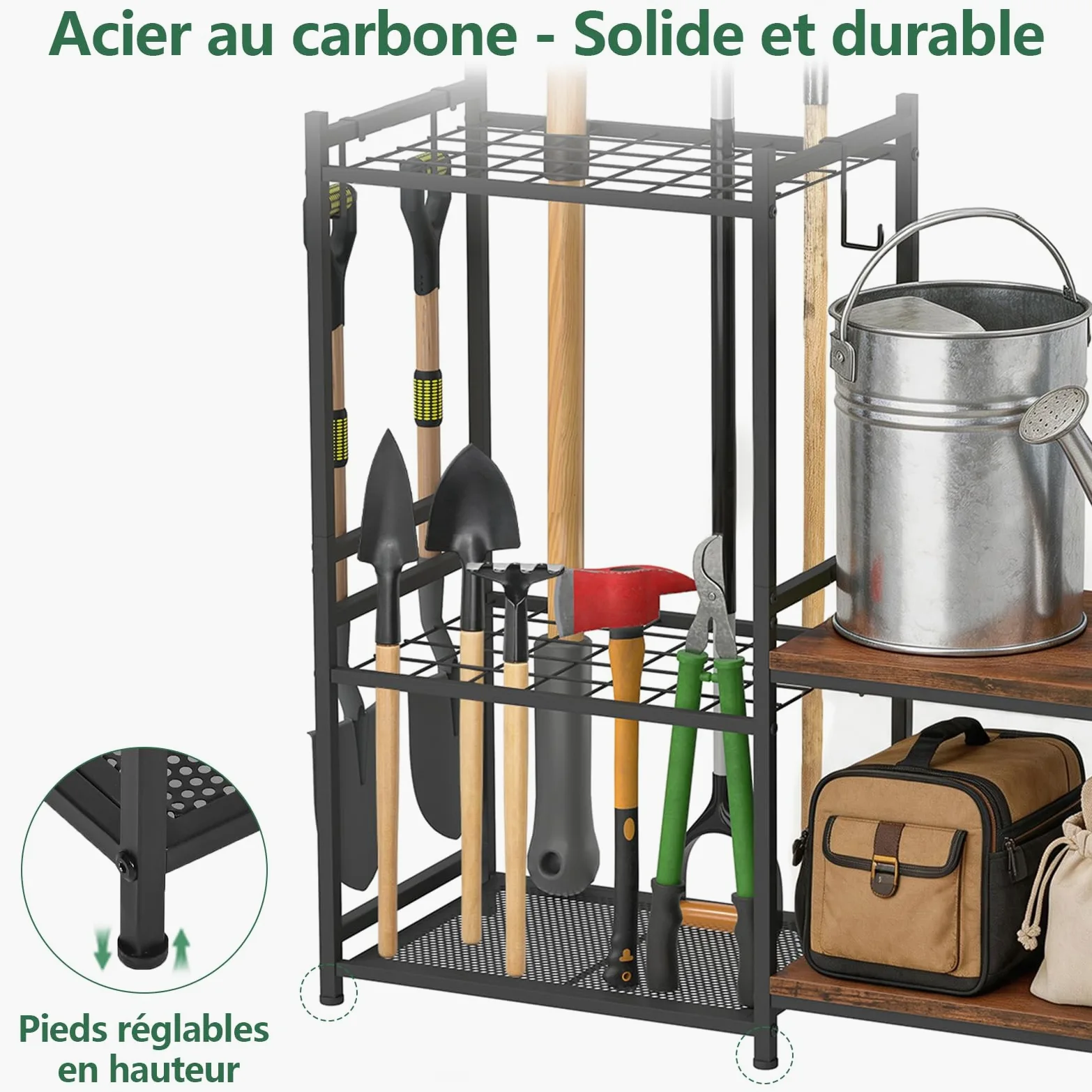 uyoyous Range outils de Jardin étagère à outils à 3 niveaux avec 6 crochets | organiseur d'outils de jardin pour stockage extérieur rangement grande capacité supprort de garage