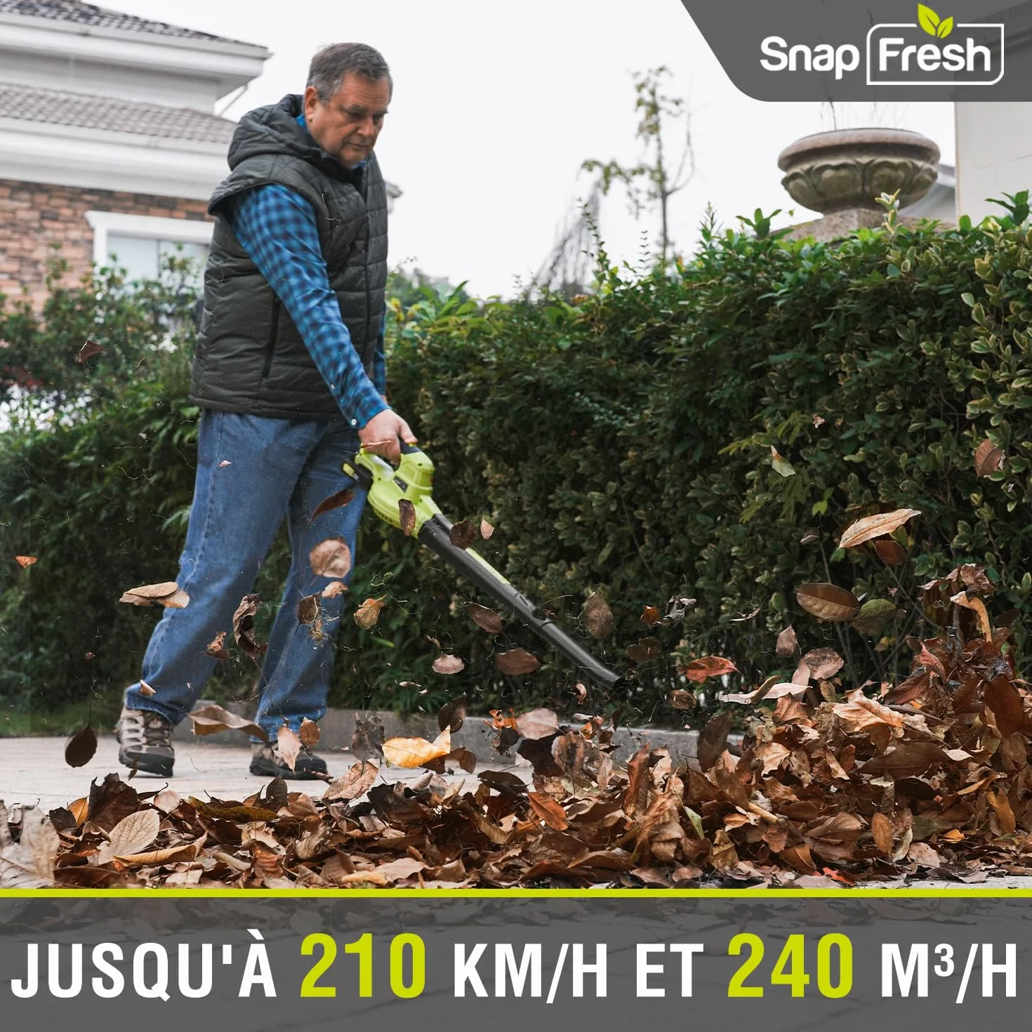 SnapFresh Souffleur Batterie 20V Léger 1,2 kg - Souffleurs de Feuilles sans Fil 210 km/h 240m³/h, 2 Vitesses, avec Batterie et Chargeur - pour Terrasses, Garages, Entrées et Jardins Domestiques (Vert)