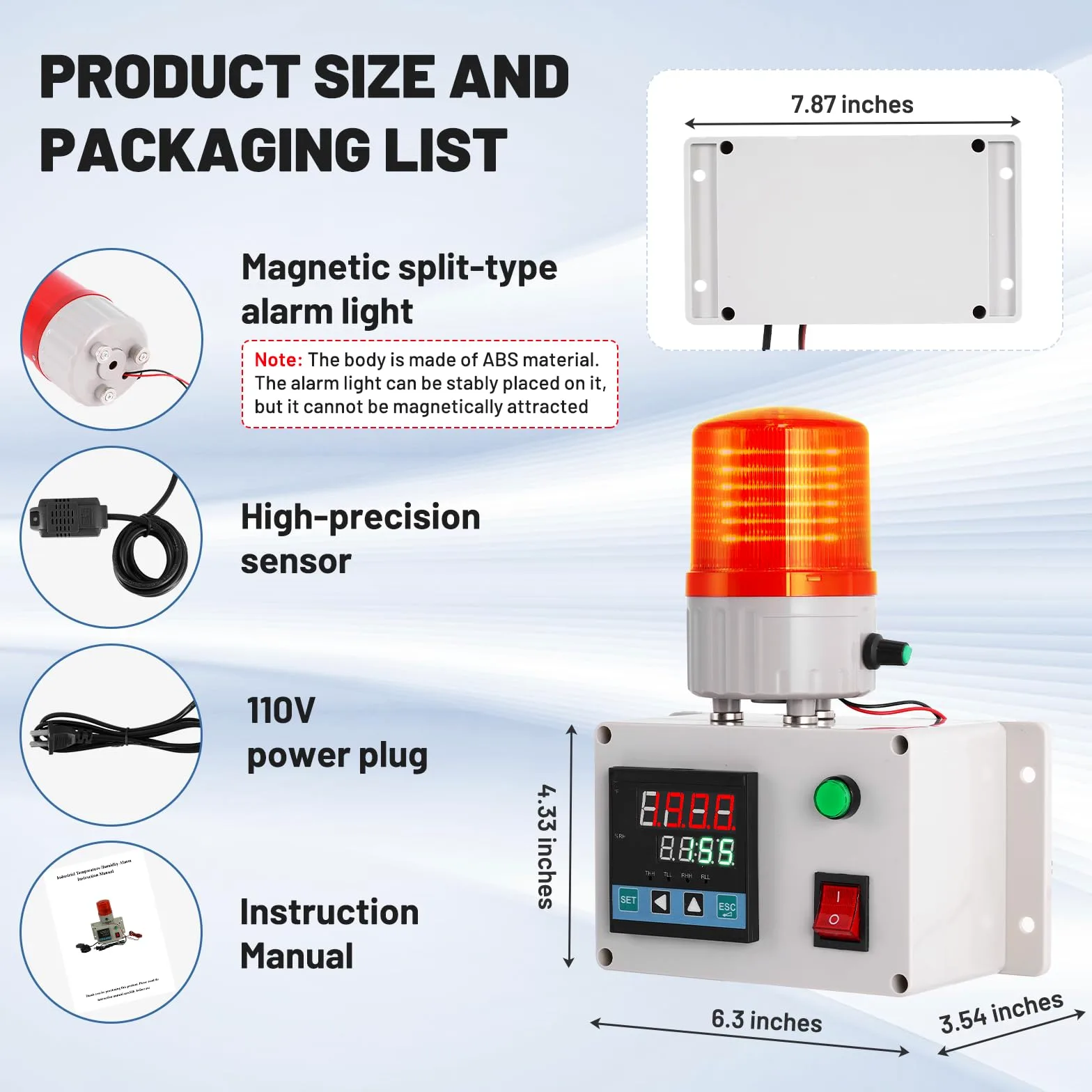 JIAWANSHUN Thermomètre hygromètre numérique industriel de -40 à 85 °C 0 à 100 % RH - Alarme indépendante - Alarme sonore - Alerte lumineuse - Calibrage pour serre, maison pour animaux de compagnie