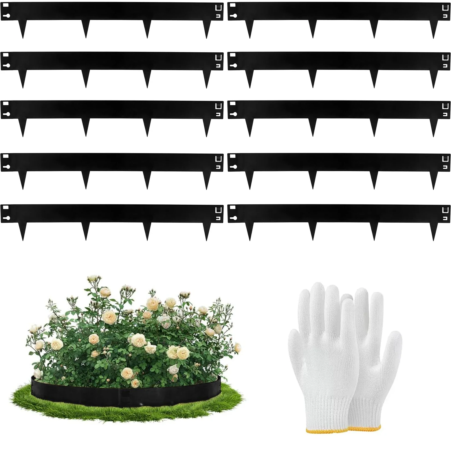 Bordure de Jardin en Métal Noir 84 x 16 cm, Lot de 10, Bordure Pelouse en Acier Thermolaqué avec Piquets Intégrés, Installation sans Outils pour Massifs, Pelouse, Allées et Entrées(Noir)