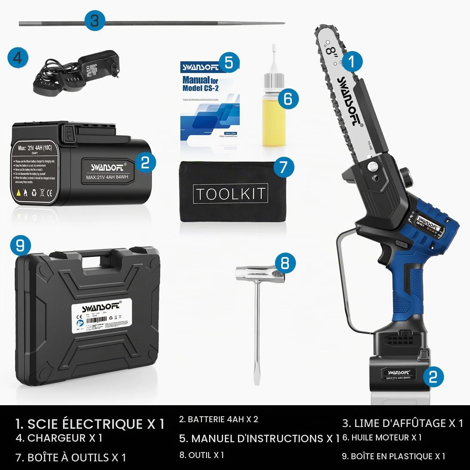 Tronçonneuse à batterie 8 pouces avec lubrification automatique, mini tronçonneuse à batterie professionnelle 600 W/2*4000 mAh/21 V, scie d'élagage électrique pour vergers, vignobles et coupe de bois