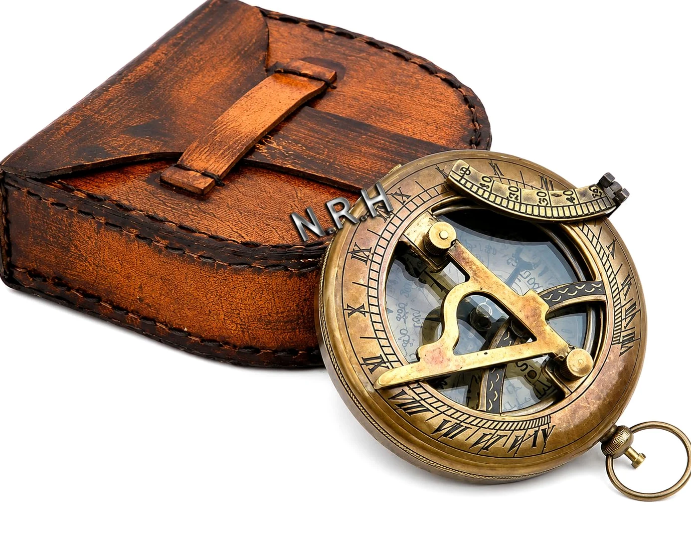 Cadran solaire vintage boussole en laiton avec étui en cuir – Cadeau gravé pour lui – boussole à pousser pour camping, randonnée et tourisme