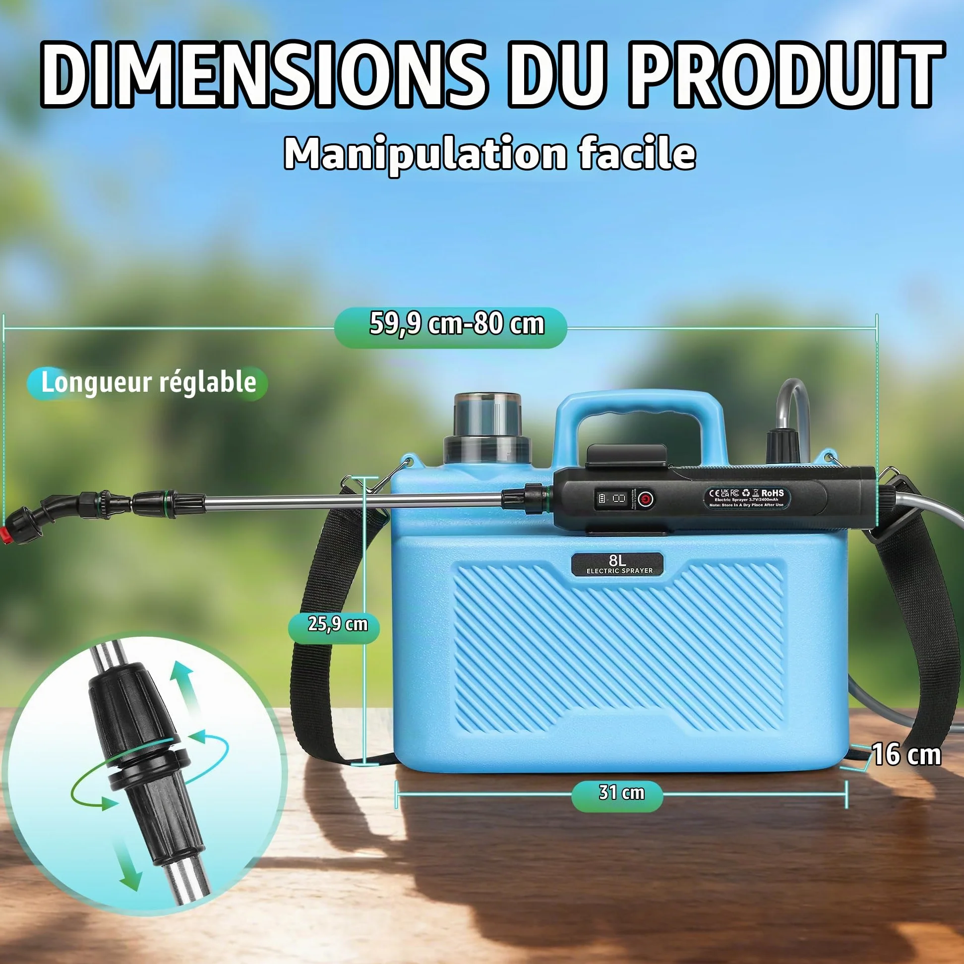 Pulverisateur Electrique 8L, 5V/2400mAh Pulverisateur de Jardin à 3 Niveaux de Pression, Pulverisateur avec 4 Buses Réglables & Perche Télescopique, Pulverisateur a Pression pour Arrosage