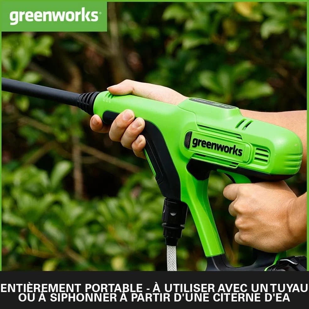 Greenworks Pistolet nettoyeur à pression sur batterie G24PWK4 (Li-Ion 24V, puissance moteur 300 Watt, pression 24 bar, débit 180 l/h, buse à 5 positions, tuyau de 6m,avec 4Ah batterie et chargeur)
