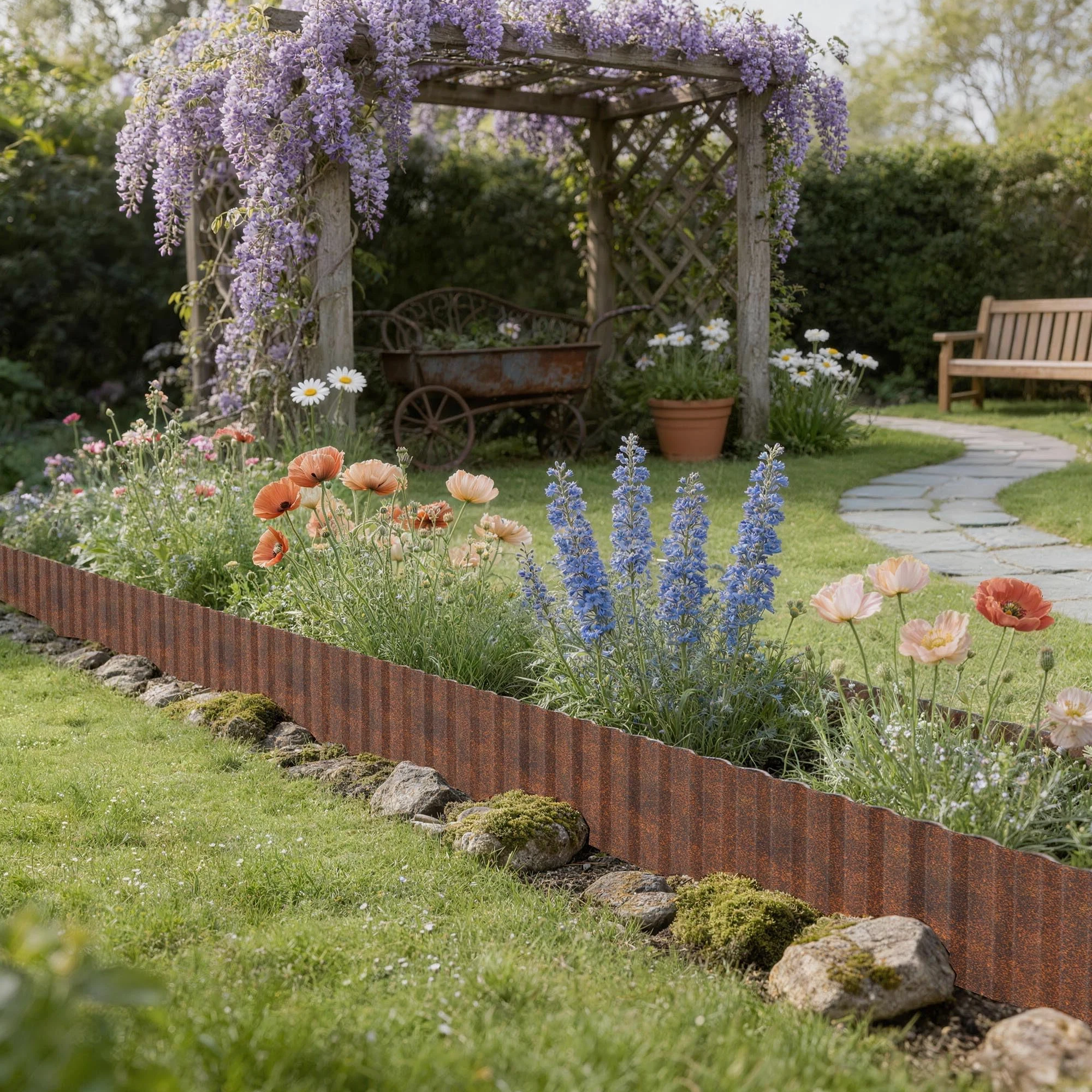 Aufun Bordure de pelouse en métal - 10 m - En forme de vague - 18 cm de haut - Idéale pour la délimitation de pelouse et de parterres - Inoxydable et durable - Flexible pour les amateurs de jardin et