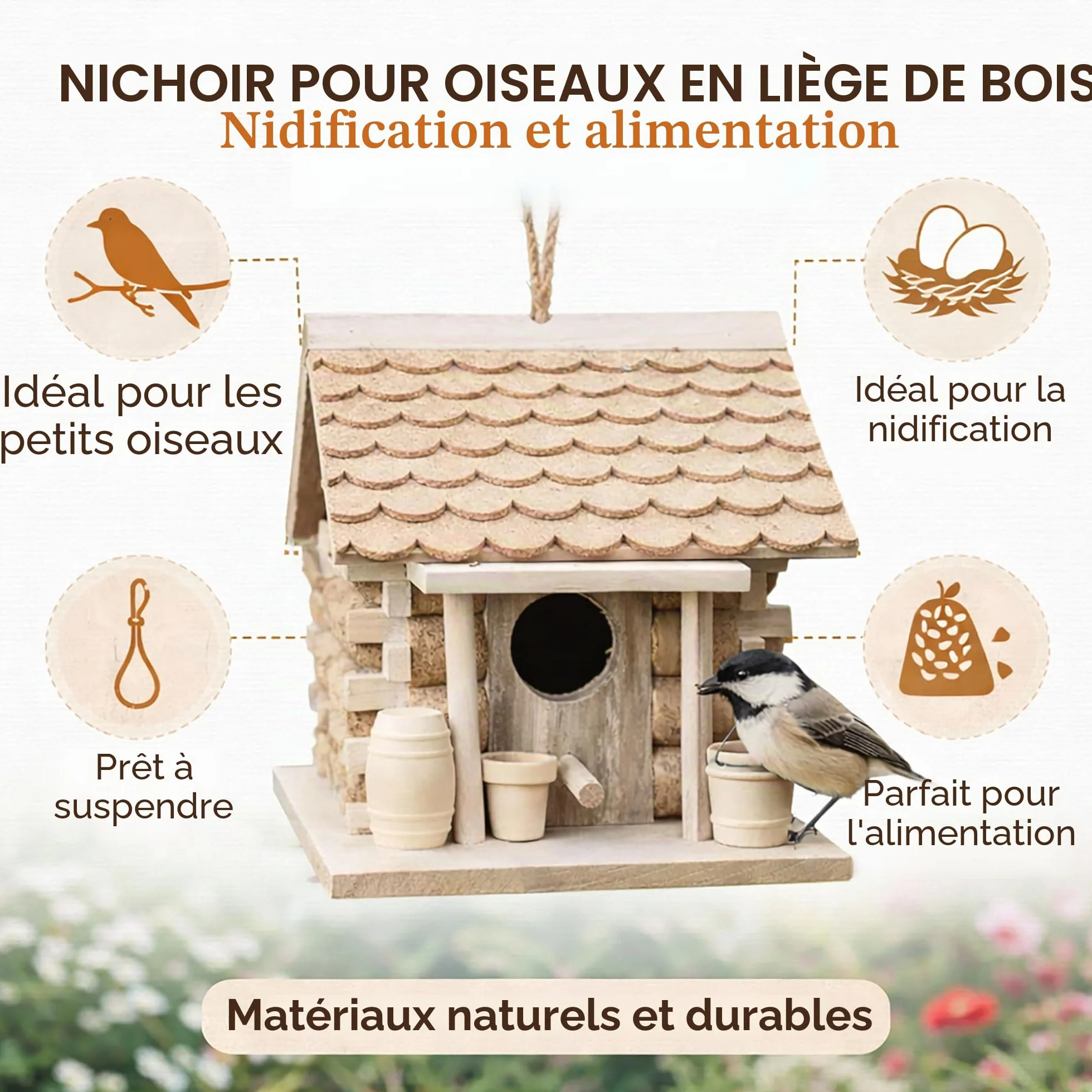 Garden Mile Maison Oiseaux Exterieur en liège et en Bois à Suspendre pour Jardin décoration nichoirs Oiseaux Sauvages