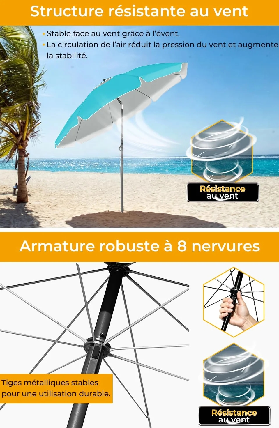 Parasol Plage Inclinable UV50+ 200cm Turquoise HOMEDEMO avec Pied d'Ancrage & Housse