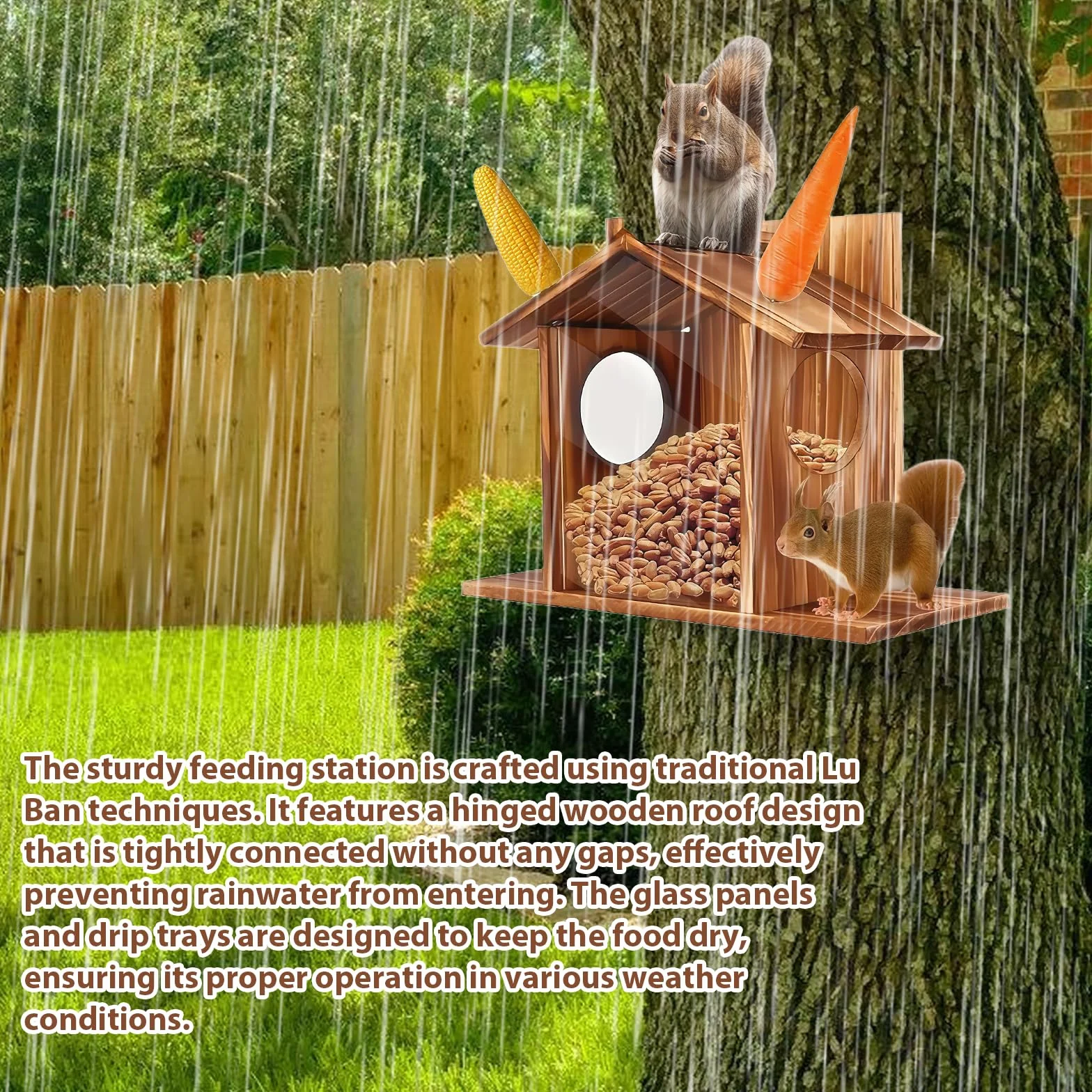 Mangeoire pour écureuils en bois résistant aux intempéries, stable et durable avec 2 entrées