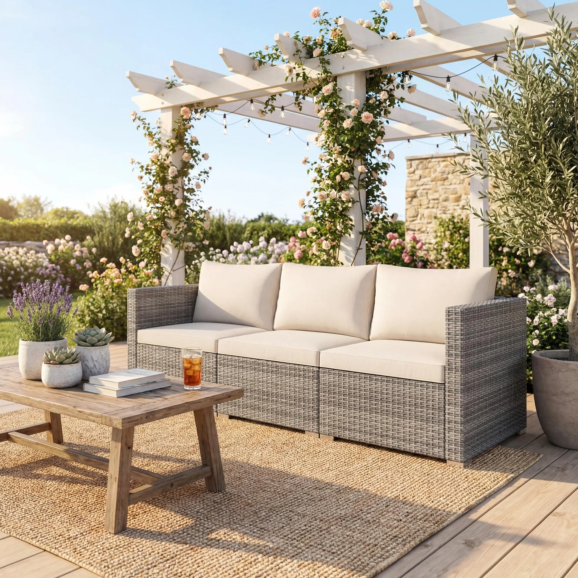 LIFEZEAL Canapé de Jardin 3 Places Rotin PE Charge 540 KG Modulable Beige