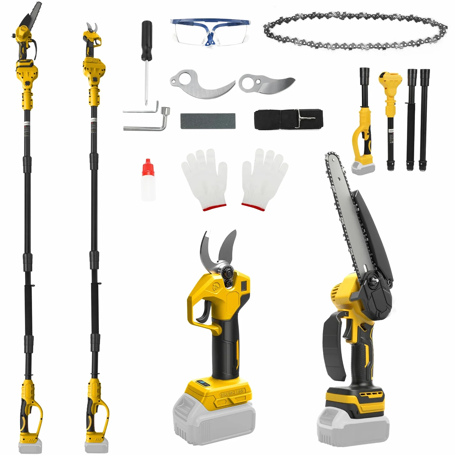 Tronçonneuse & sécateur sans fil 4 en 1 pour Dewalt 20V (sans batterie) | 8", tronçonneuse à tige, avec extension 2m, sécateur électrique 30mm, avec lame de rechange