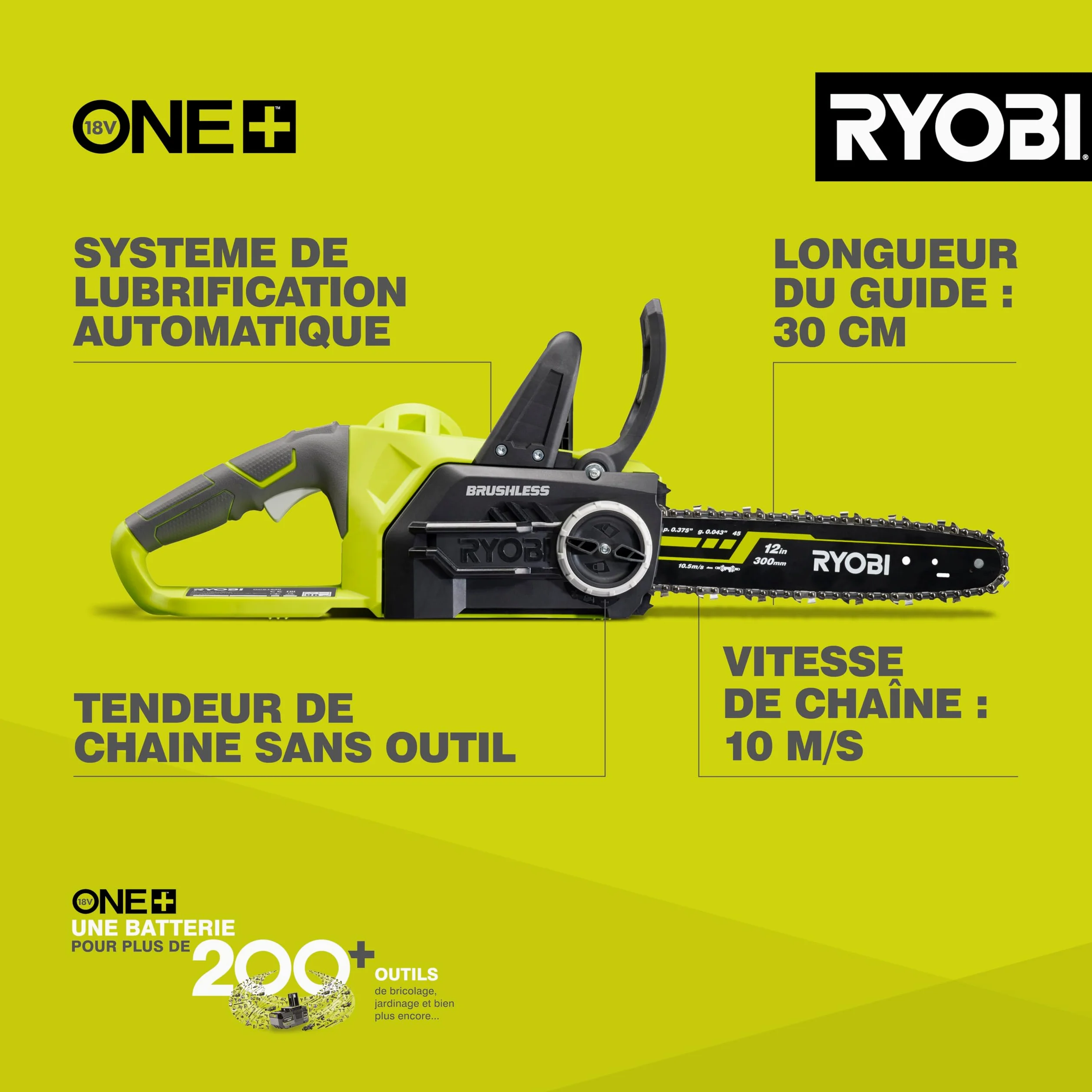RYOBI - Tronçonneuse 18 Volts ONE+™ - guide 30 cm (sans batterie) - OCS1830