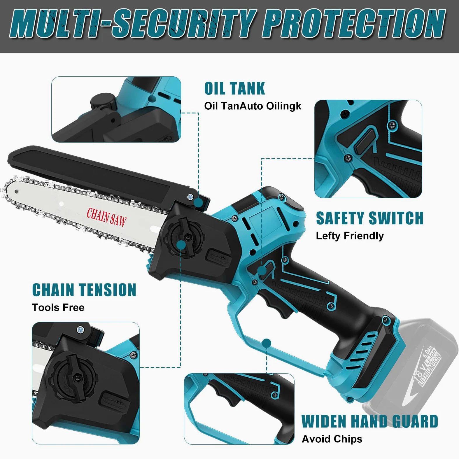 Mini tronçonneuse sans fil compatible avec Makita 18 V (sans batterie) | tronçonneuse électrique de 20,3 cm et 15,2 cm avec chaîne, huile automatique, scie à chaîne pour outils de jardin