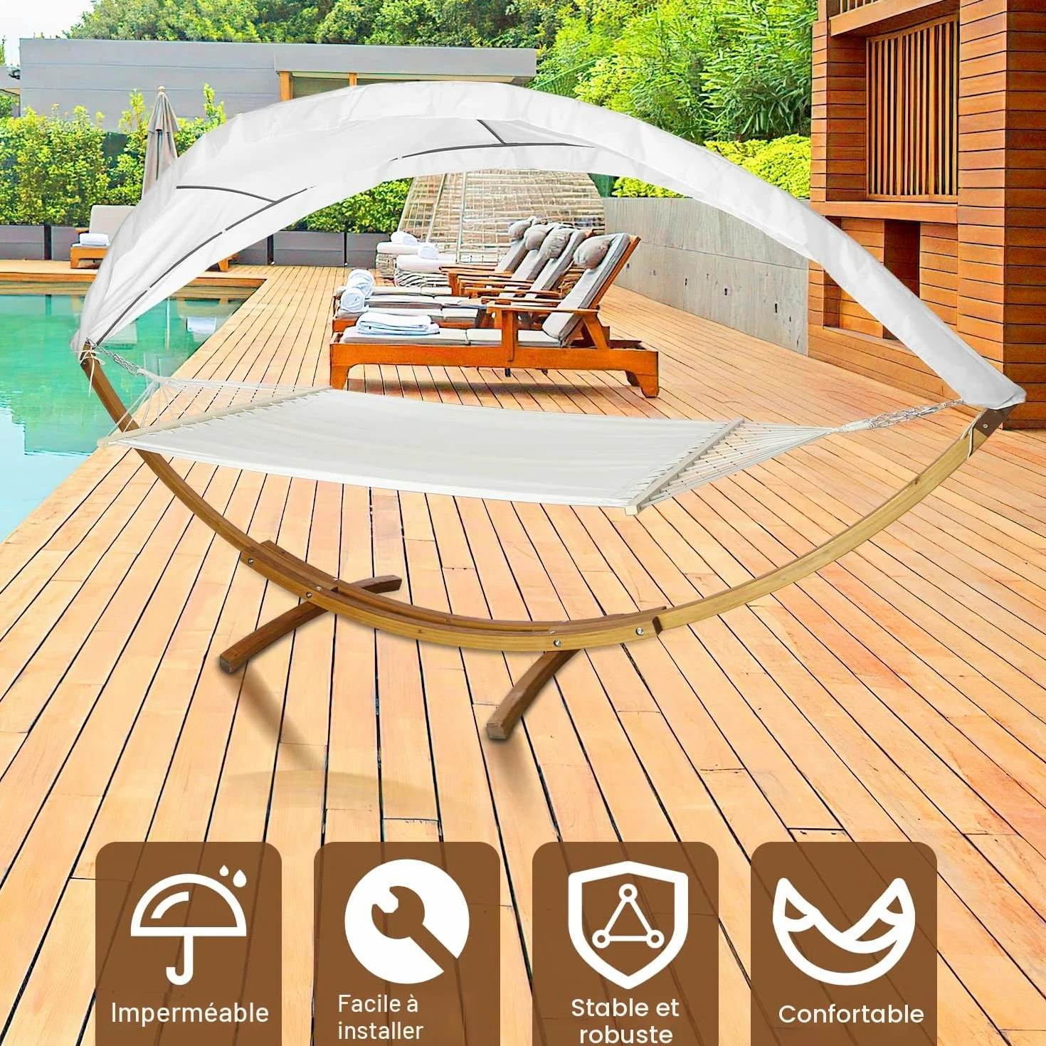 Hamac XXL de 410 cm avec Structure et auvent, Surface de Couchage 200 x 150 cm, hamac en Bois de mélèze résistant aux intempéries, jusqu'à 200 kg
