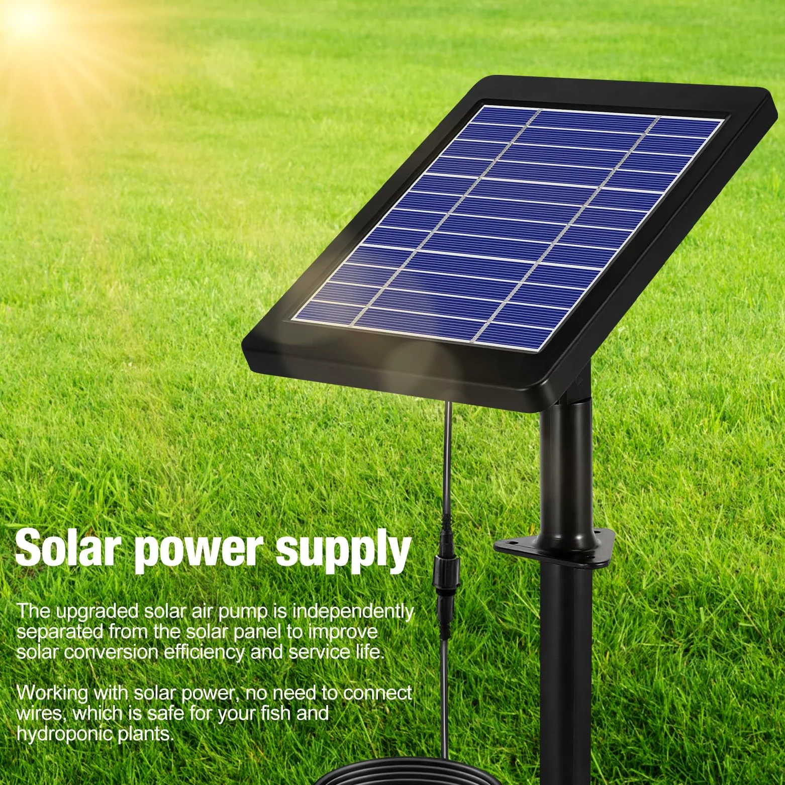 Aérateur de bassin solaire 4W 2200mAh 3 modes et sans bruit avec 2 pierres à bulles d'air | Pompe à air solaire pour étang - Oxygénateur solaire pour étang - Piscine