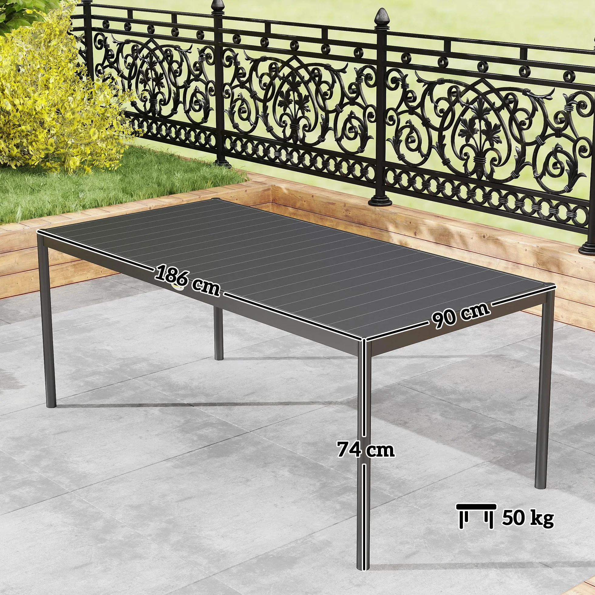Outsunny Table à Manger de Jardin en Acier pour 8 Personnes, Plateau à Lattes Rectangulaire, Anti-Rouille, Gris Foncé