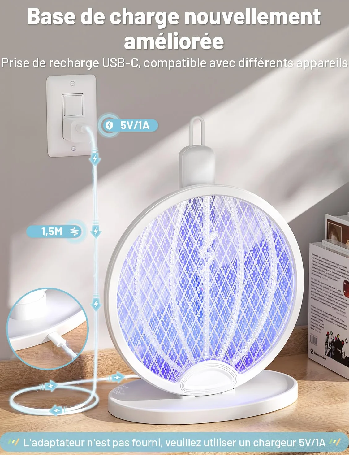 YISSVIC Raquette Anti Moustique Pliable 4000V 1800mAh 3 en 1 USB-C Rechargeable