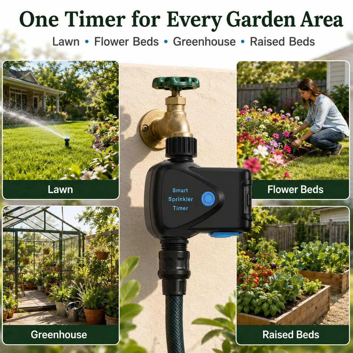 Programmateur d'Arrosage WiFi avec Compteur d'eau Intégré, Minuterie d'Arrosage Connectée sans Hub, Contrôle par App 2,4 GHz, Arrosage par Volume, Programmation, IP65 pour Jardin Pelouse Serre