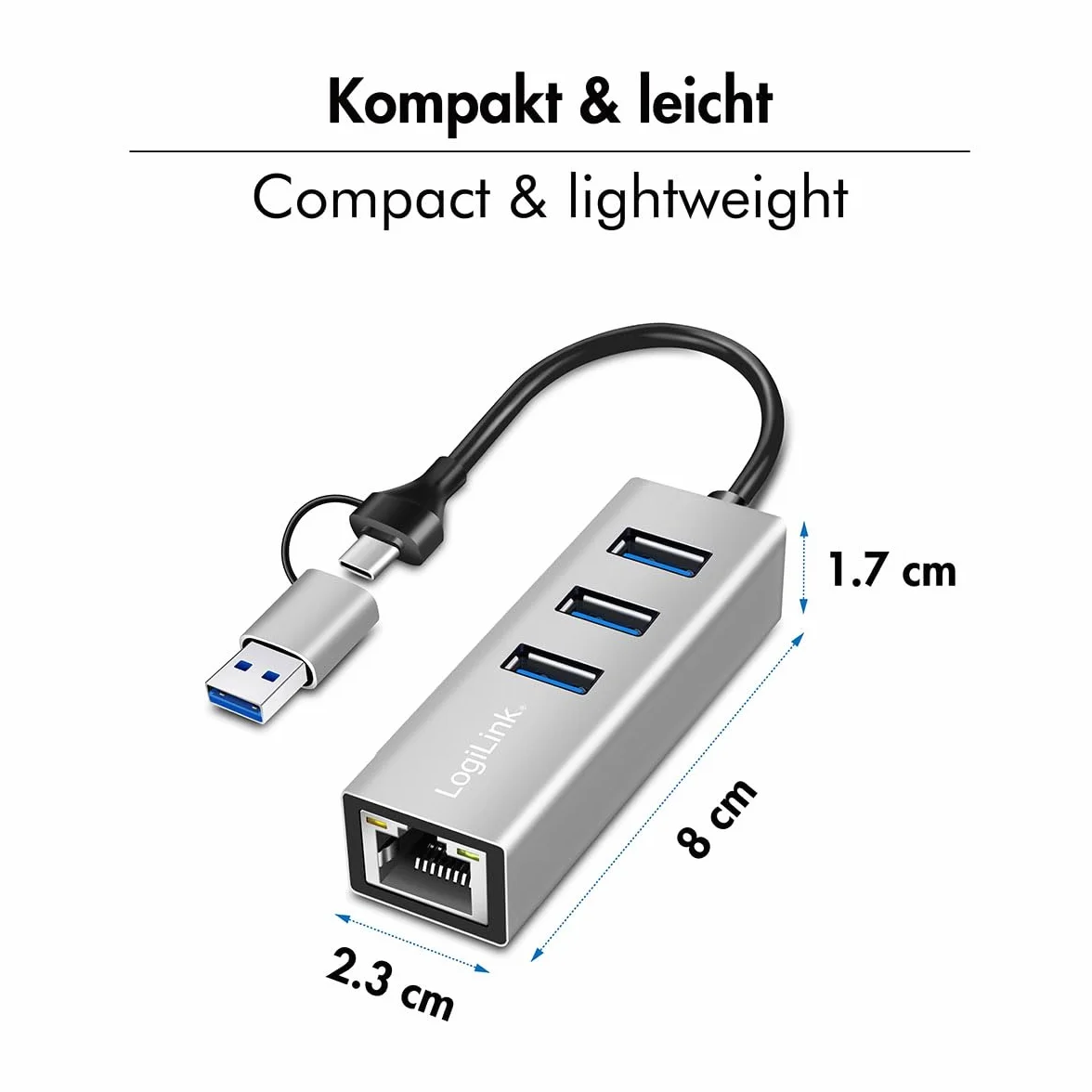 LogiLink UA0440 Hub USB-C 3.2 Gen 1 Adaptateur Ethernet RJ45 5G 3 Ports USB-A