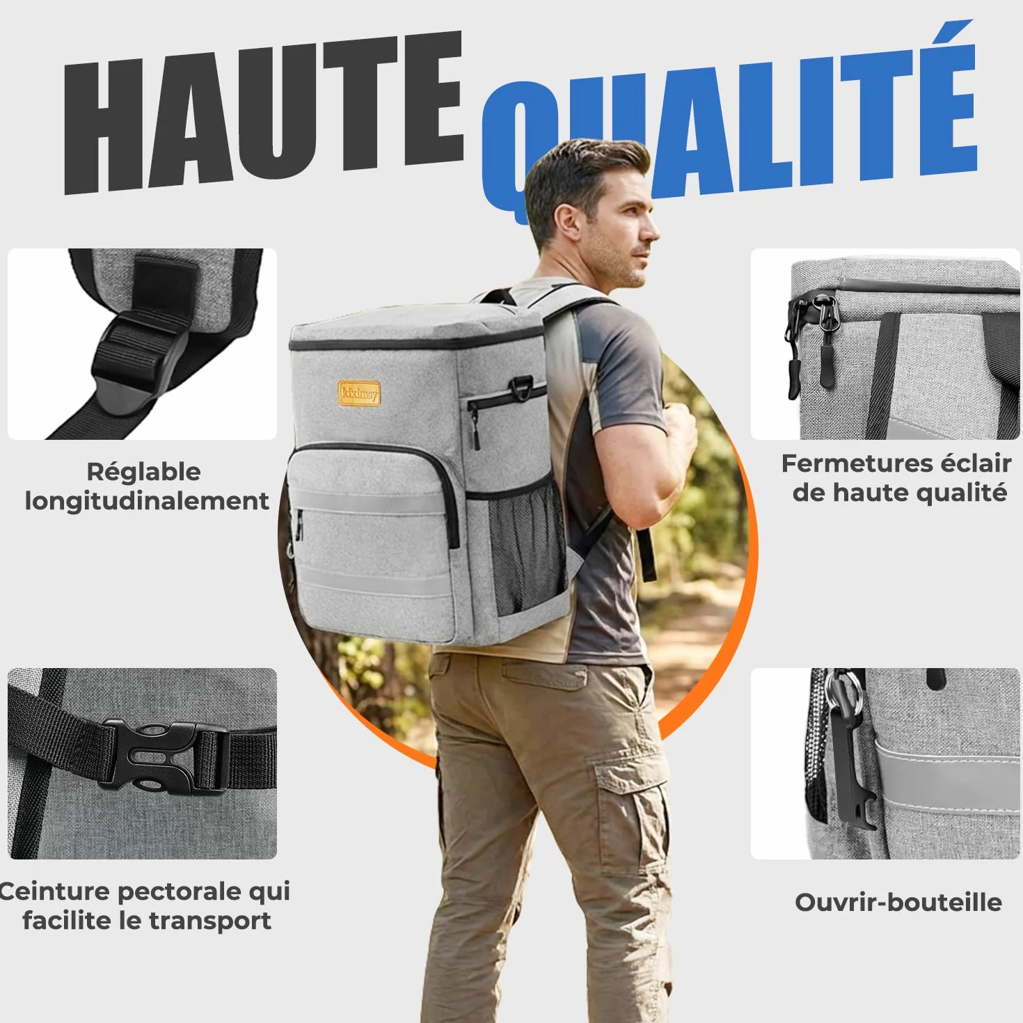 Sac à Dos Isotherme 30L Pliable - Grand Capacité, Maintient au Frais 24H, Léger et Imperméable pour Pique-Nique, Plage, Voyage, Pêche, Barbecue, Gris