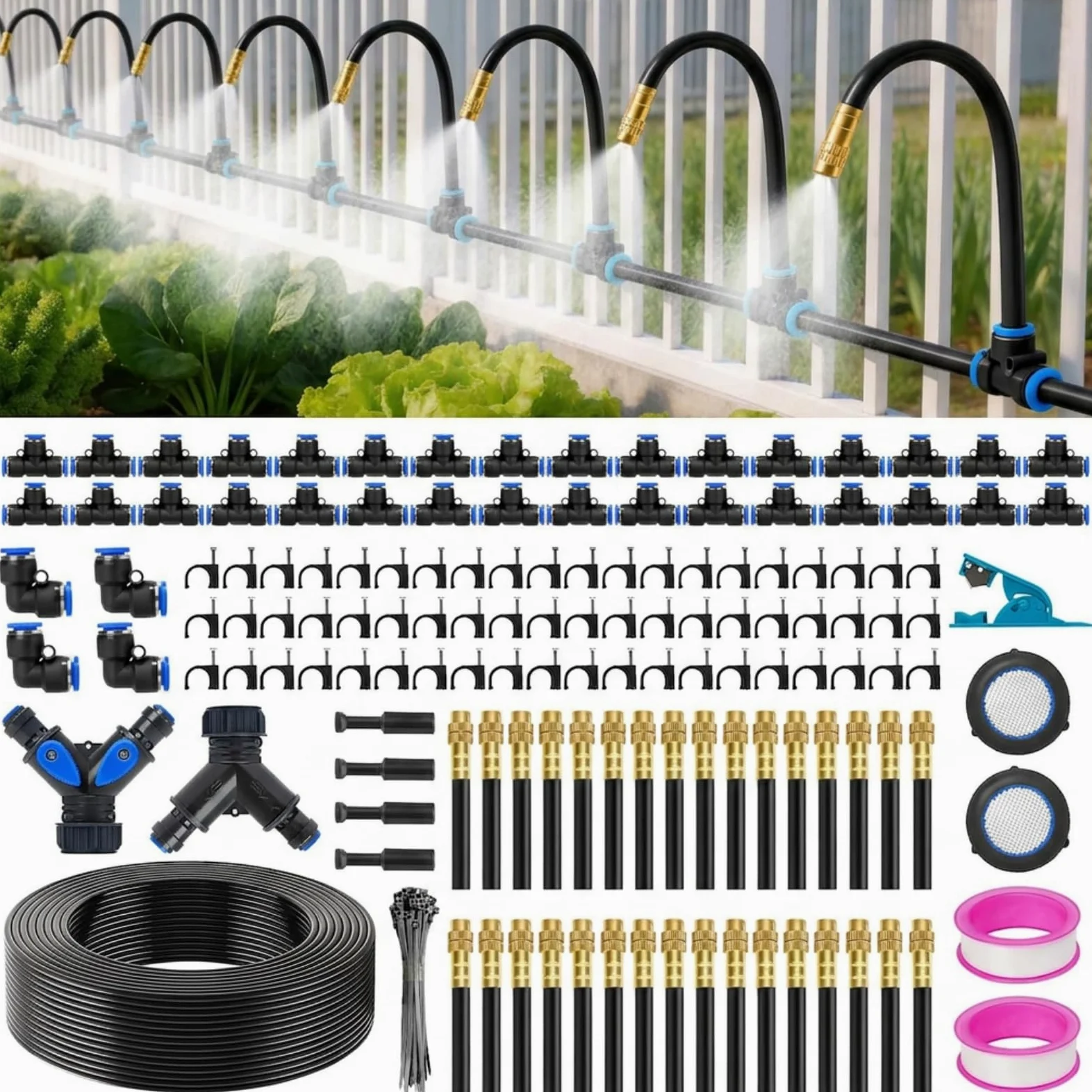Système d'irrigation goutte à goutte, 60 m, 0,8 cm, kit d'arrosage de jardin amélioré en 2026 avec 32 buses en cuivre réglables à 360°, système d'arrosage automatique pour plates-bandes surélevées