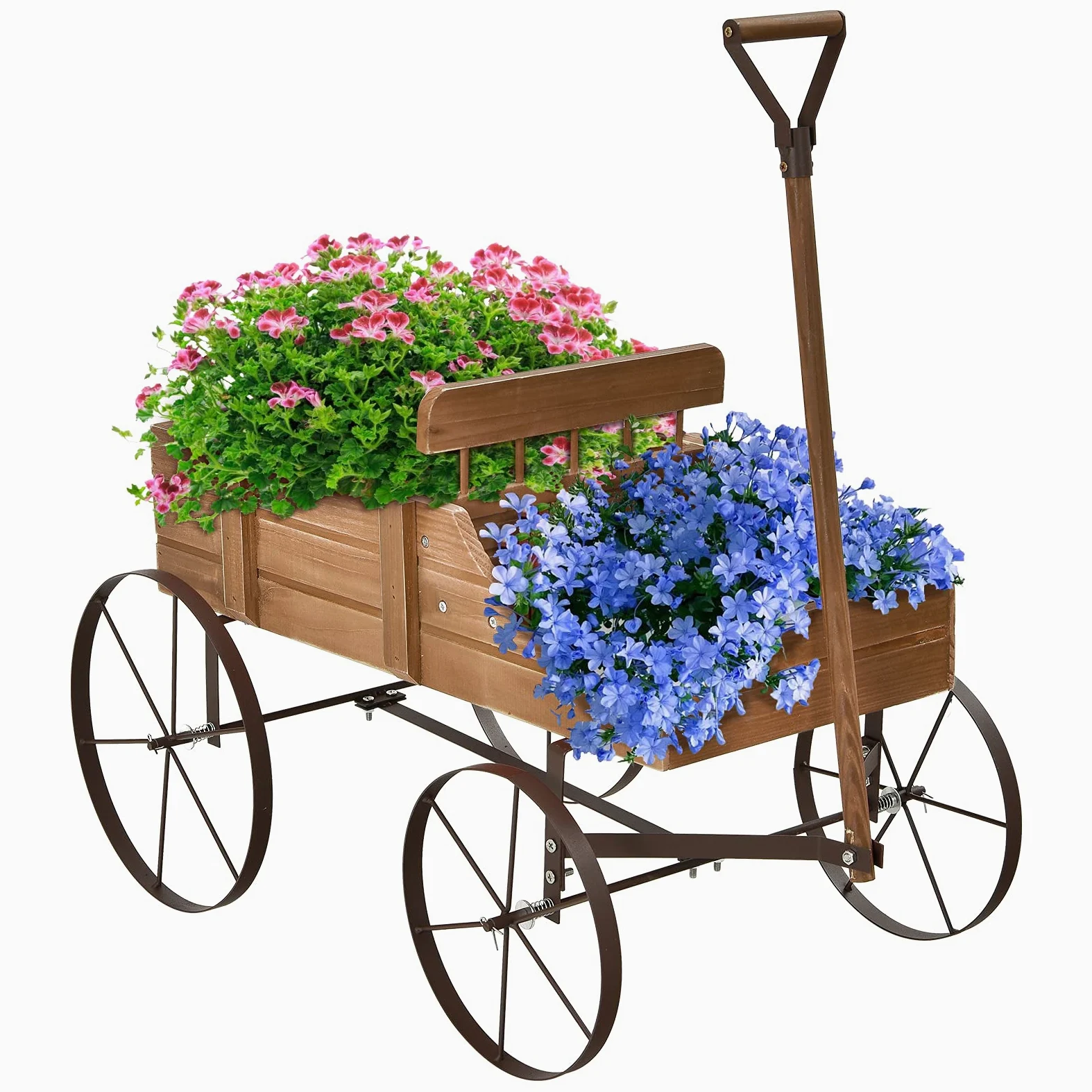 RELAX4LIFE Brouette Décorative en Bois avec 4 Roues en Métal, Chariot à Fleurs avec Capacité de Charge Jusqu'à 15 kg, Bac à Fleurs pour Jardin Balcon Terrasse (Marron)