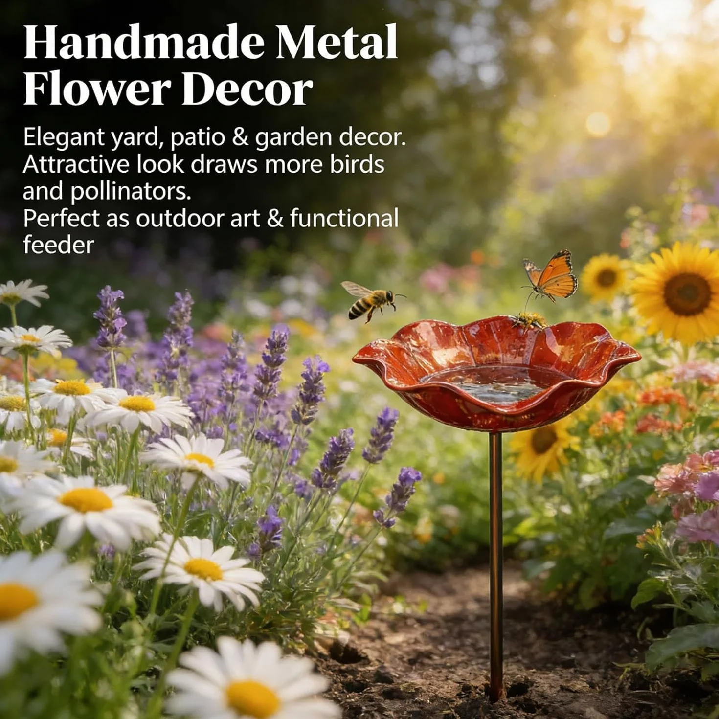 Bain d'abeilles en Métal Fait à la Main Piquet de Jardin Mangeoire à Eau avec Station d'eau pour Décoration Extérieure (Rouge-3PCS)