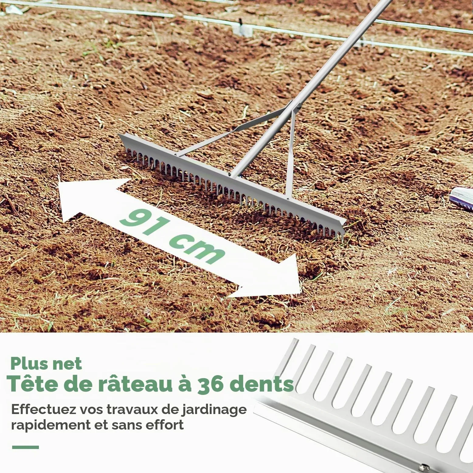FANTASK Râteau de Jardin avec tête de râteau de 91 cm de Large et Long Manche, en Aluminium avec 36 Dents, râteau à Feuilles, râteau à Gazon pour ameublir Le Sol, Entretien du Paysage