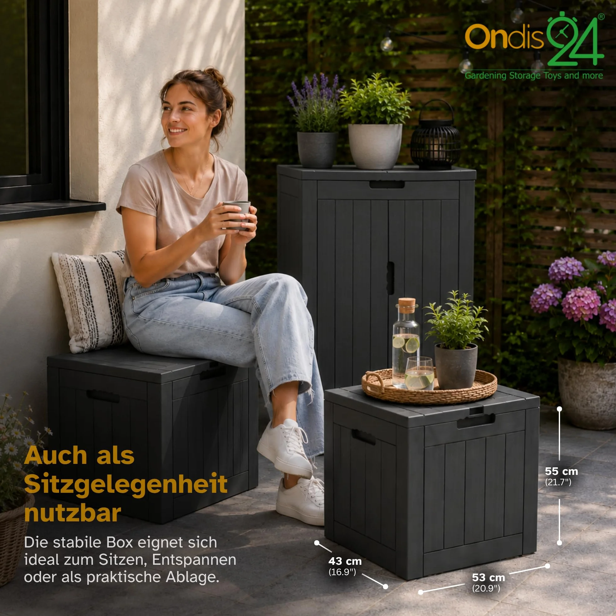 Ondis24 City Cube Boîte en Plastique 110 L Anthracite 55 x 43 x 53 cm