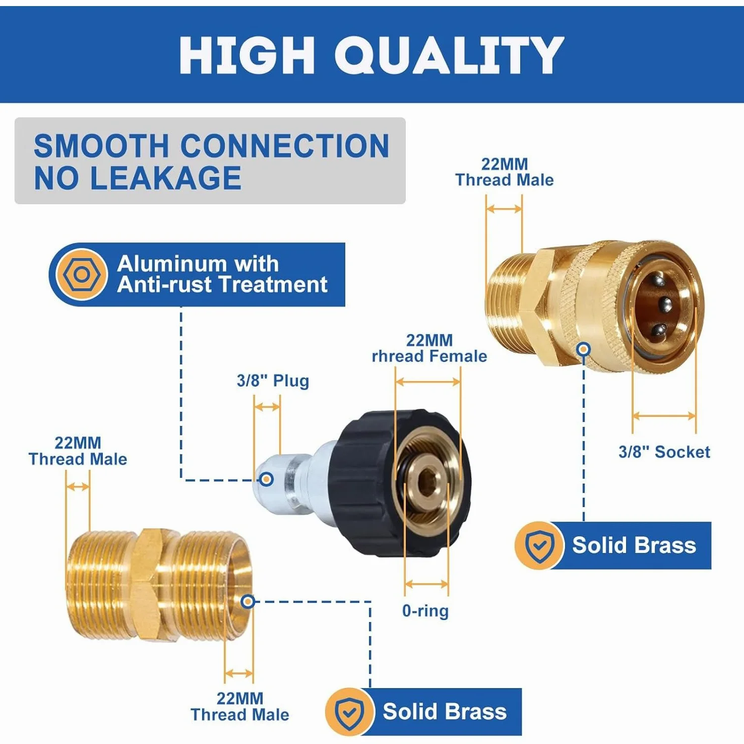 Tuyau Nettoyeur Haute Pression 1/4" 3600PSI - Tuyau Haute Pression 15M avec Raccord Rapide 5 Pièces(M22 x 3/8") pour Laveuse à Pression​, Bleu