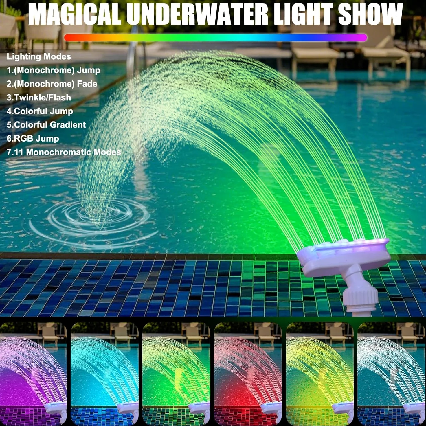 Reallnaive Fontaine solaire piscine avec 7 lumières LED de couleur réglable, arroseur cascade, lumières de cascade, pulvérisateur amusant