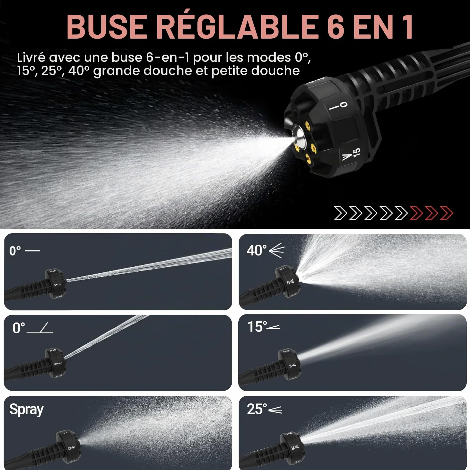 Nettoyeur haute pression sans fil portable, 30 bar, buse réglable 5 en 1, rotatif 180°, 24 V, pour voiture et piscine (deux batteries)