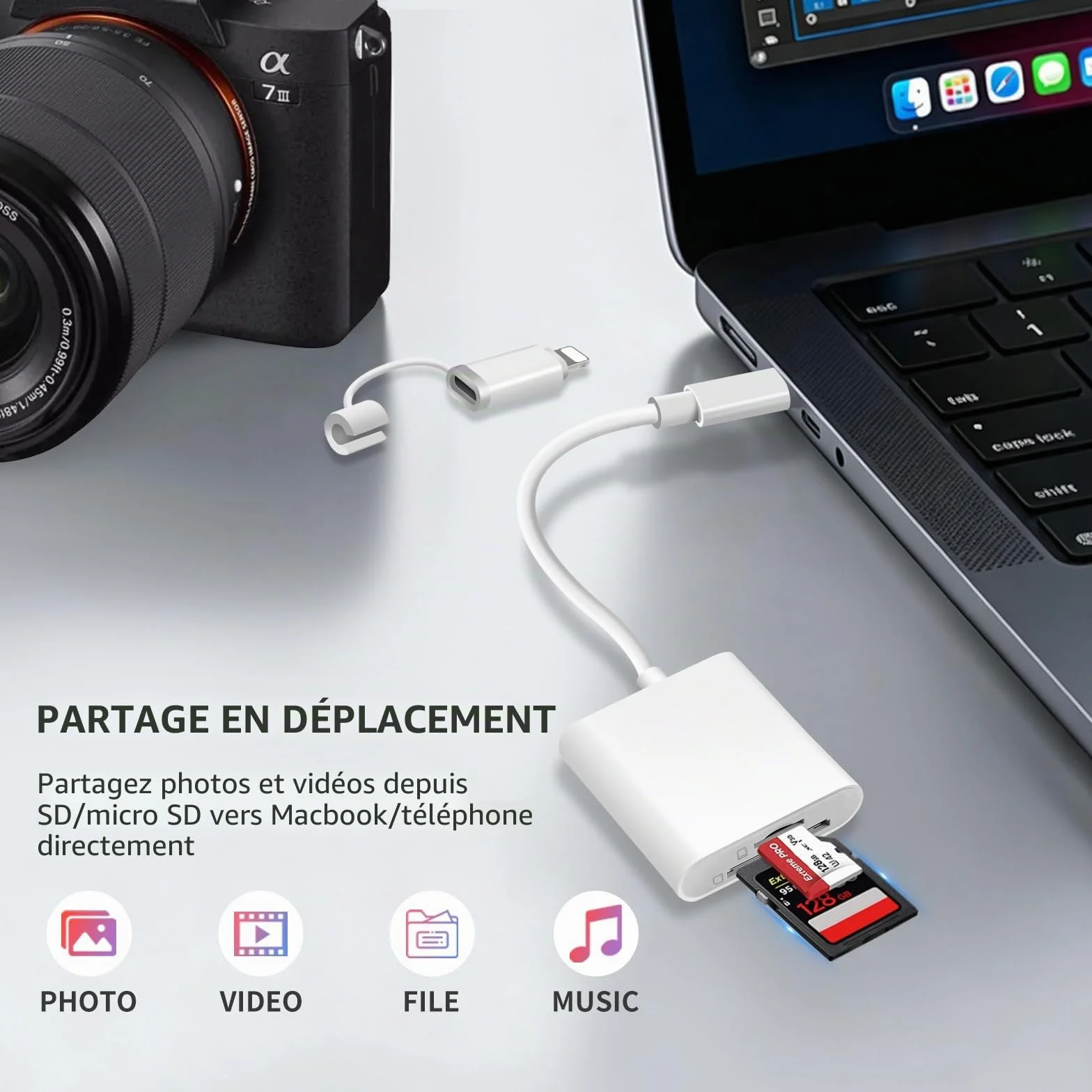 Lecteur de Carte SD Certifié Apple MFi USB-C & Lightning pour iPhone iPad Galaxy