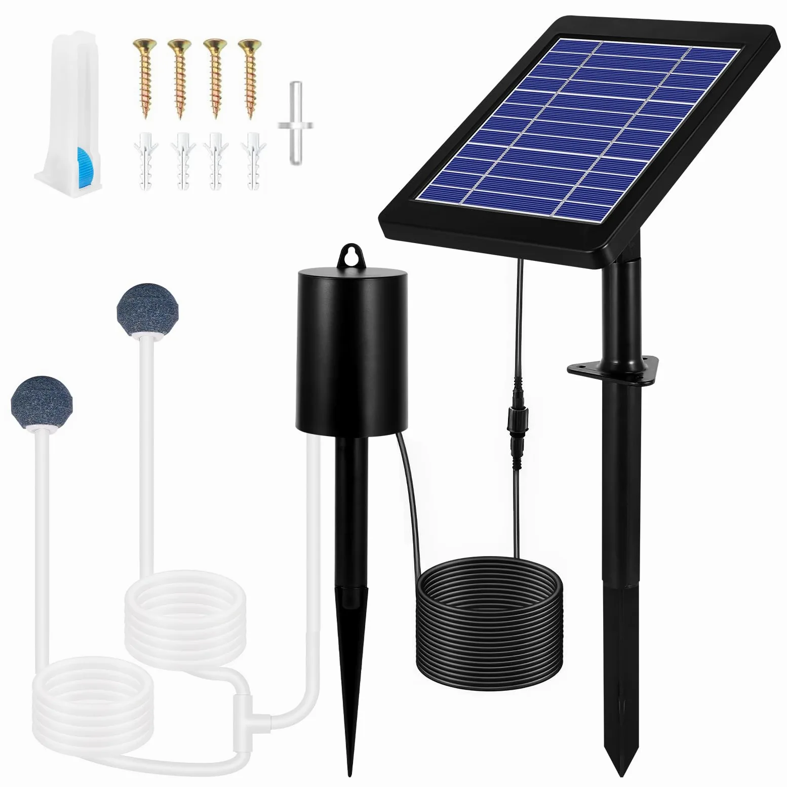 Aérateur de bassin solaire 4W 2200mAh 3 modes et sans bruit avec 2 pierres à bulles d'air | Pompe à air solaire pour étang - Oxygénateur solaire pour étang - Piscine