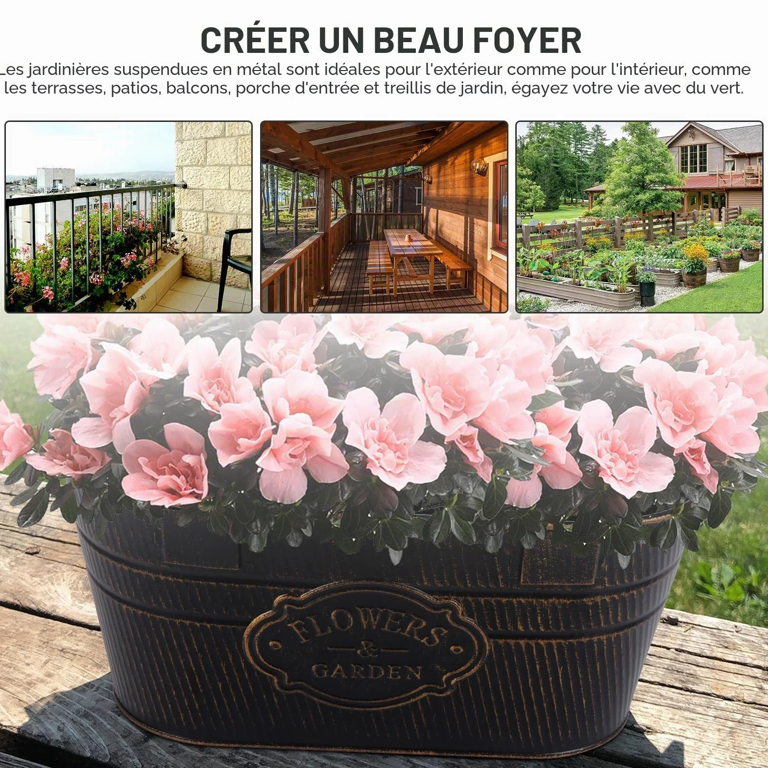 Lot de 4 Jardinières Suspendues Métal avec Crochets Amovibles pour Plantes Balcon Jardin