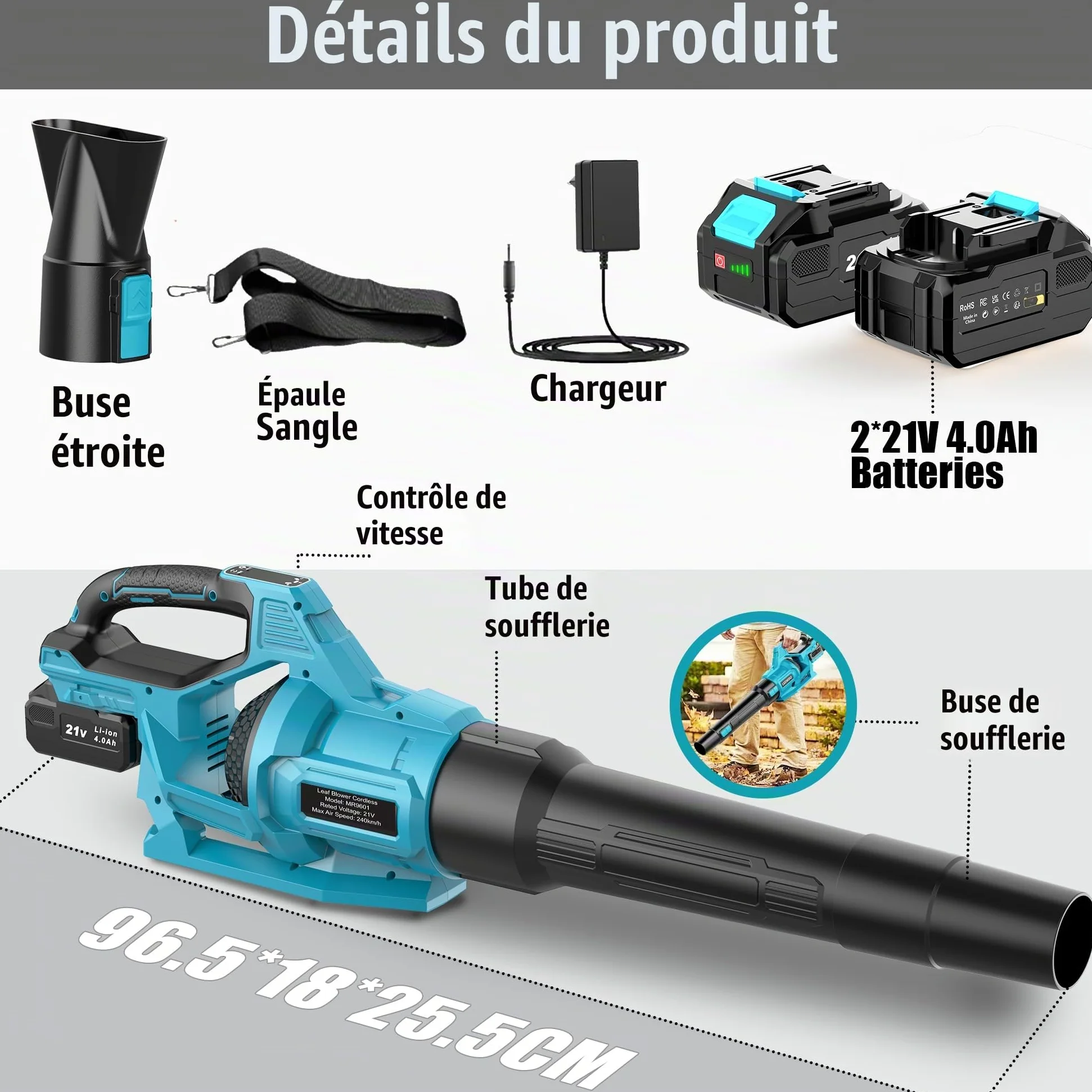 Souffleur Batterie, 21V Souffleur de Feuilles avec 2 Batteries 4,0Ah, 3 Vitesses, 2 Tubes de Soufflage, Sangle Souffleur à Batterie pour Nettoyage de Jardin