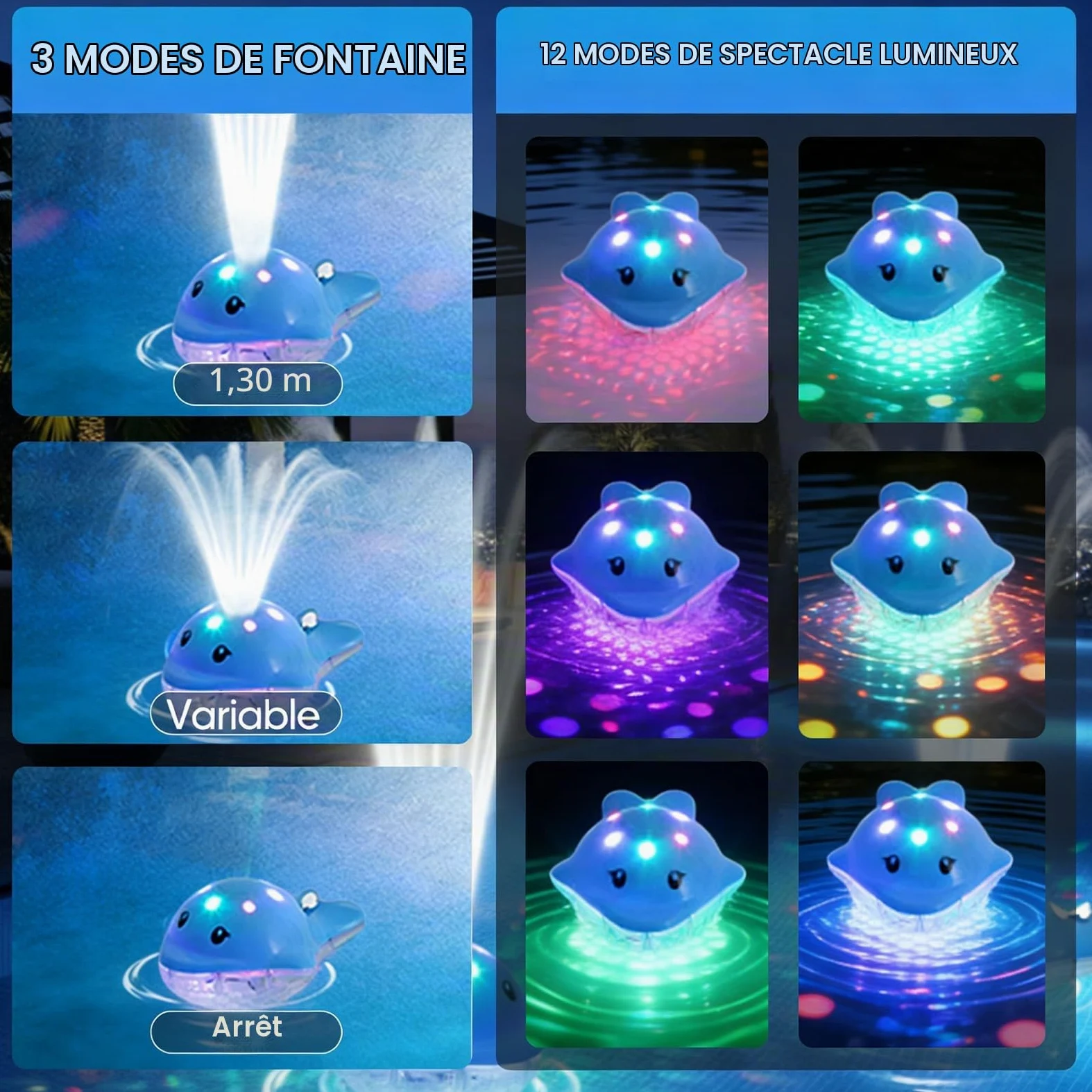 Fontaine pour Piscine avec Lumières, Éclairage Flottant avec Télécommande, 12 Modes Couleur, 2 Réglages Jet, Rechargeable – pour Bassins Hors Sol Et Enterrés